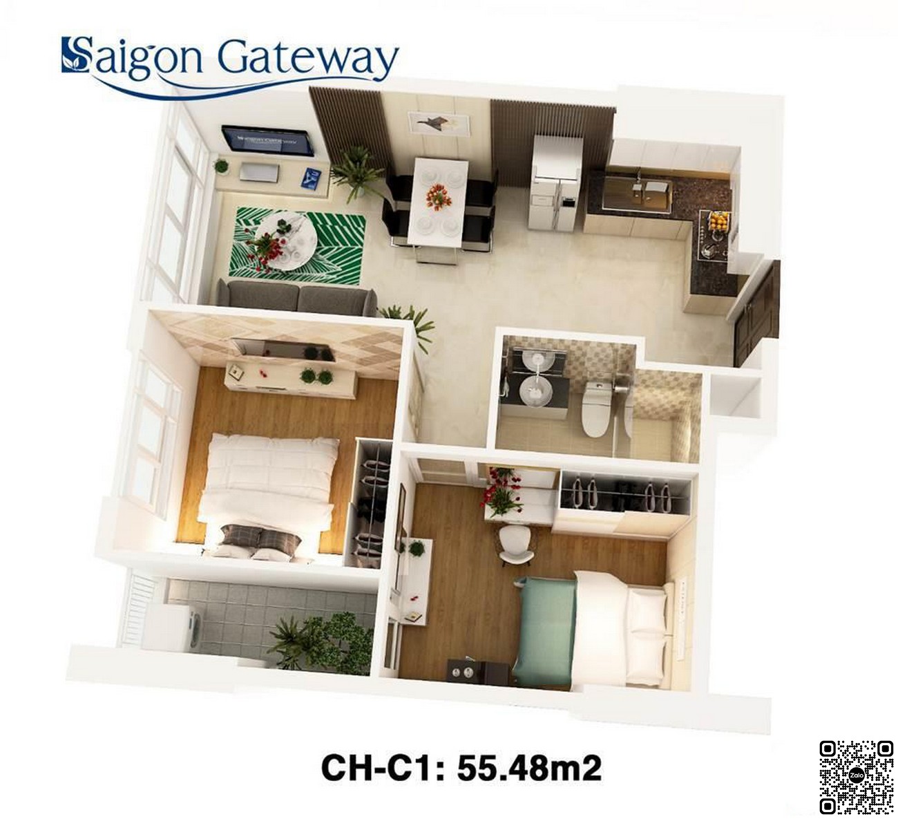 Thiết kế căn hộ diện tích 55,48m² dự án Saigon Gateway Quận 9