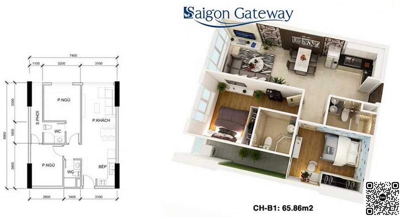 Thiết kế căn hộ diện tích 65,86m² dự án Saigon Gateway Quận 9