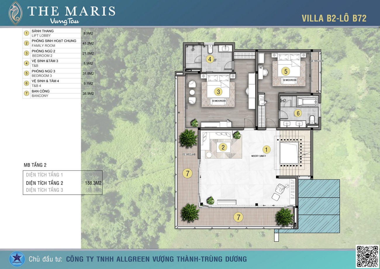 Thiết kế tầng 2 căn biệt thự biển - Diện tích 378.25m2 dự án The Maris Vũng Tàu.