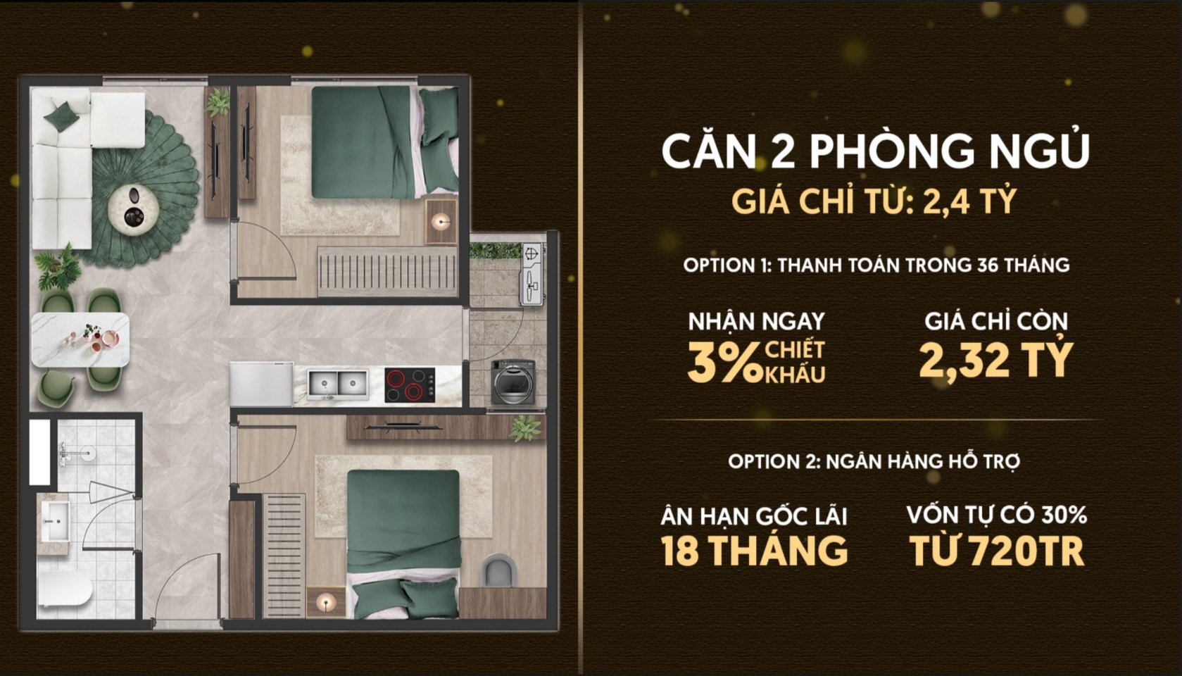 Giá bán căn hộ 2PN - 1WC dự án căn hộ Emerald 68, Thuận An, Bình Dương