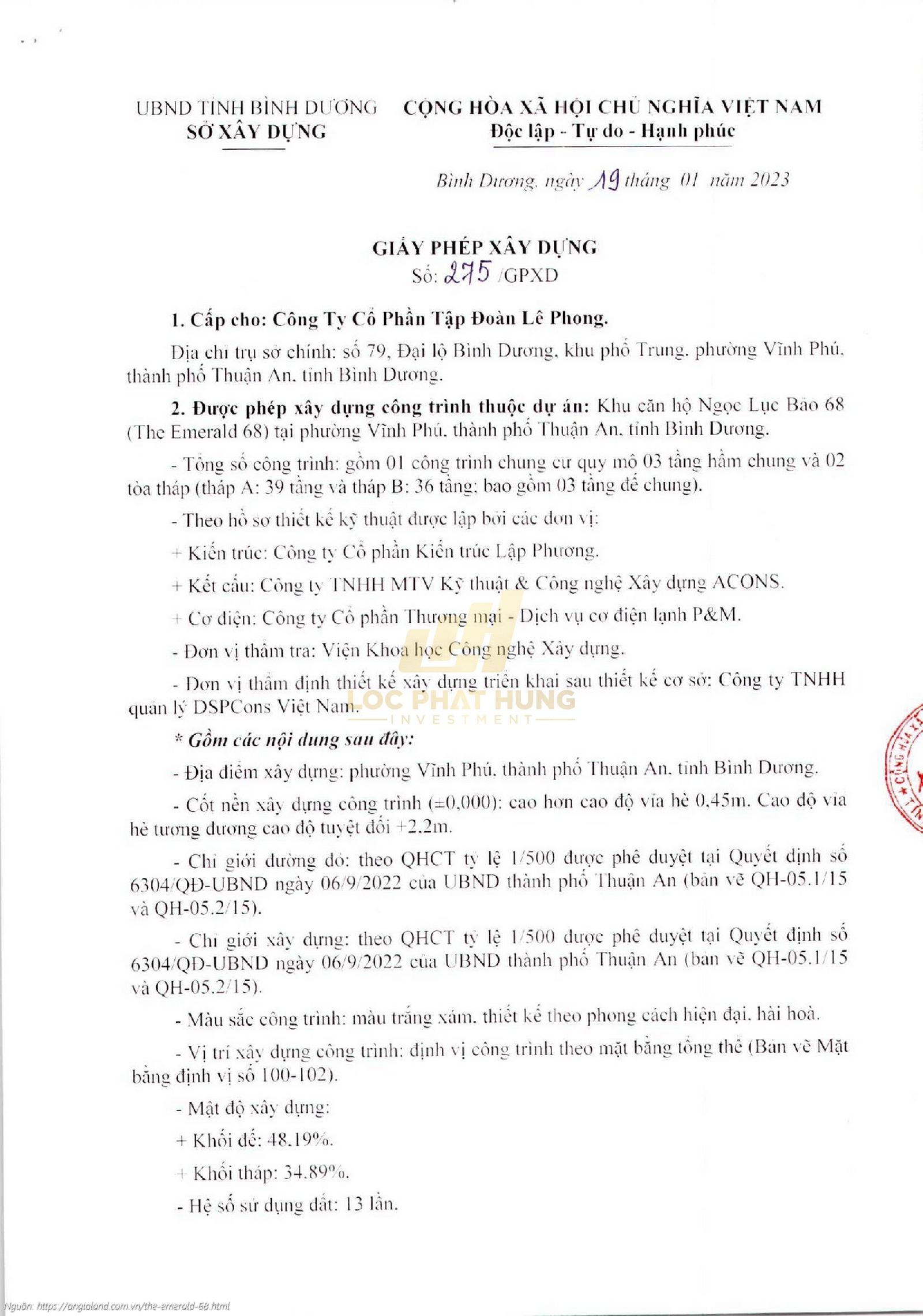 Giấy phép xây dựng dự án căn hộ chung cư The Emerald 68