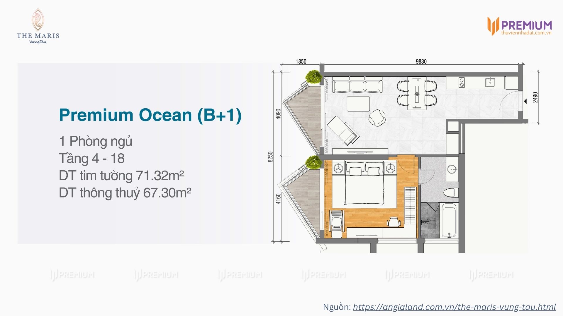 Mặt bằng căn hộ 1 phòng ngủ dự án Vega Alaric, The Maris Vũng Tàu - Diện tích 71.32m2