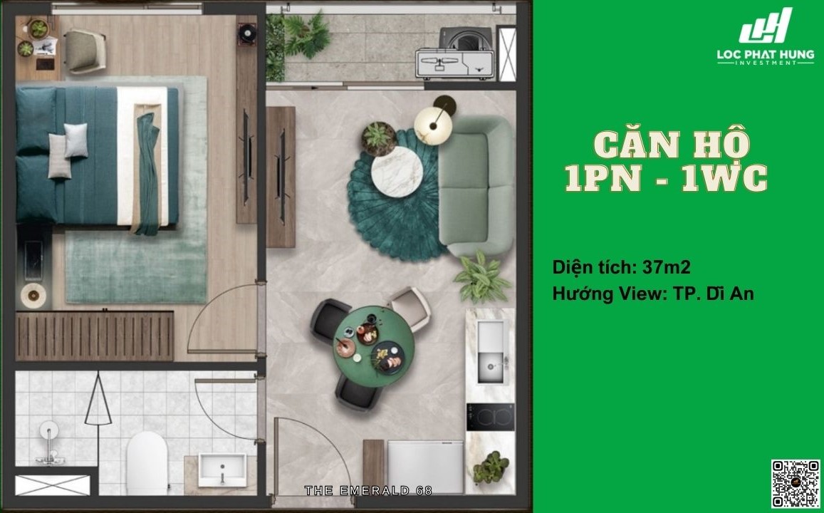 Thiết kế căn hộ 1PN - 1WC diện tích 37m2 dự án căn hộ Emerald 68 Thuận An, Bình Dương
