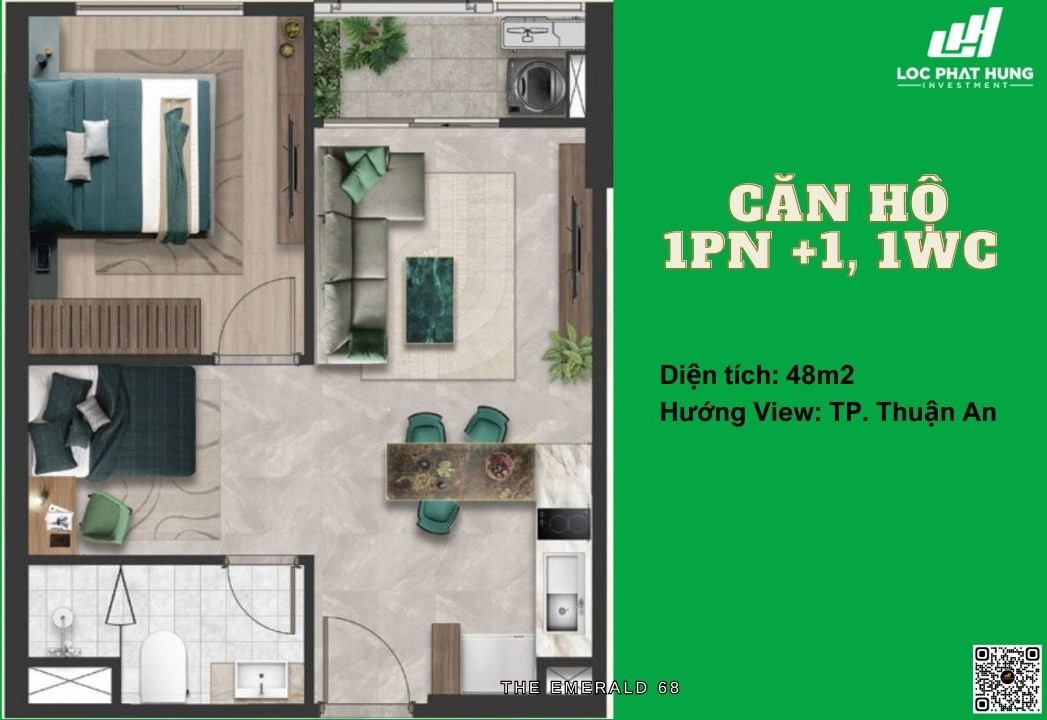 Thiết kế căn hộ 1PN +1. 1WC diện tích 48m2 dự án căn hộ Emerald 68 Thuận An, Bình Dương