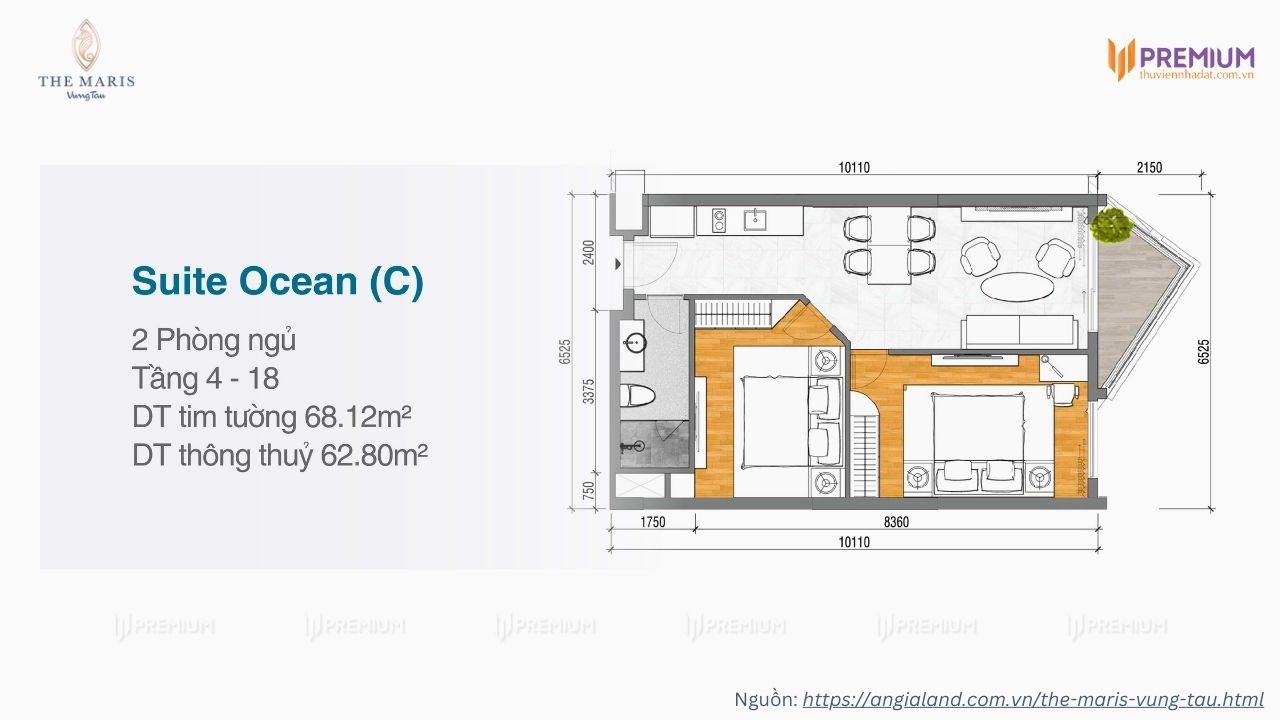 Căn hộ du thuyền Vega Alaric - 2 phòng ngủ - Diện tích 68.12m2