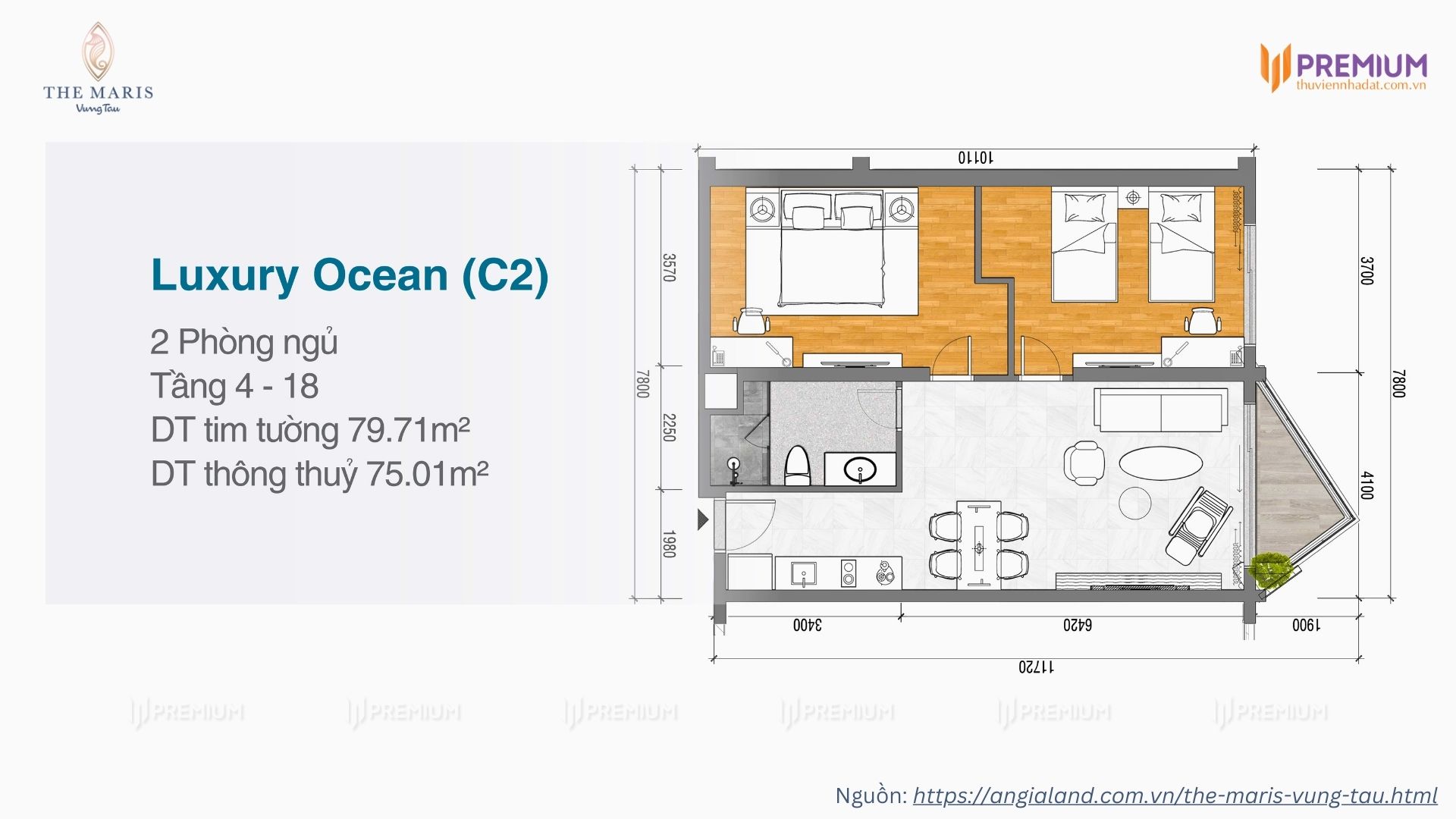 Mặt bằng căn hộ 2 phòng ngủ dự án Vega Alaric, The Maris Vũng Tàu - Diện tích 79.71m2