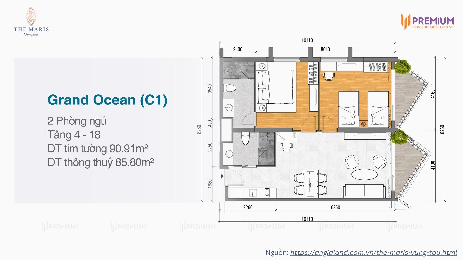 Mặt bằng căn hộ 2 phòng ngủ dự án Vega Alaric, The Maris Vũng Tàu - Diện tích 90.91m2