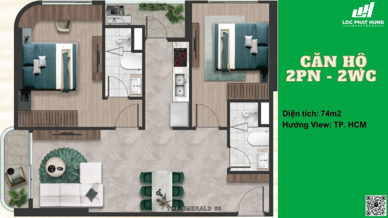 Thiết kế căn hộ 2PN - 2WC diện tích 74m2 dự án căn hộ Emerald 68 Thuận An, Bình Dương