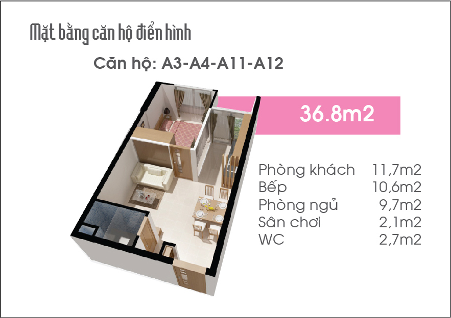 Thiết kế căn hộ 36.8m² căn hộ dự án chung cư Sen Hồng 