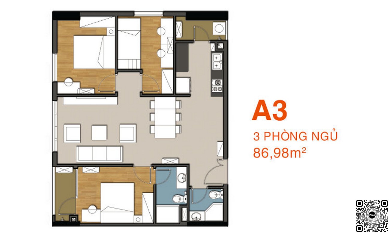 Thiết kế căn hộ 3 phòng ngủ dự án 9 View Quận 9