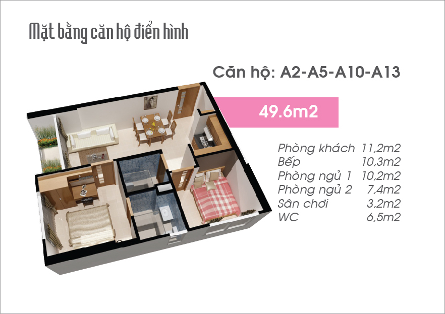 Thiết kế căn hộ 49.6m² căn hộ dự án chung cư Sen Hồng 