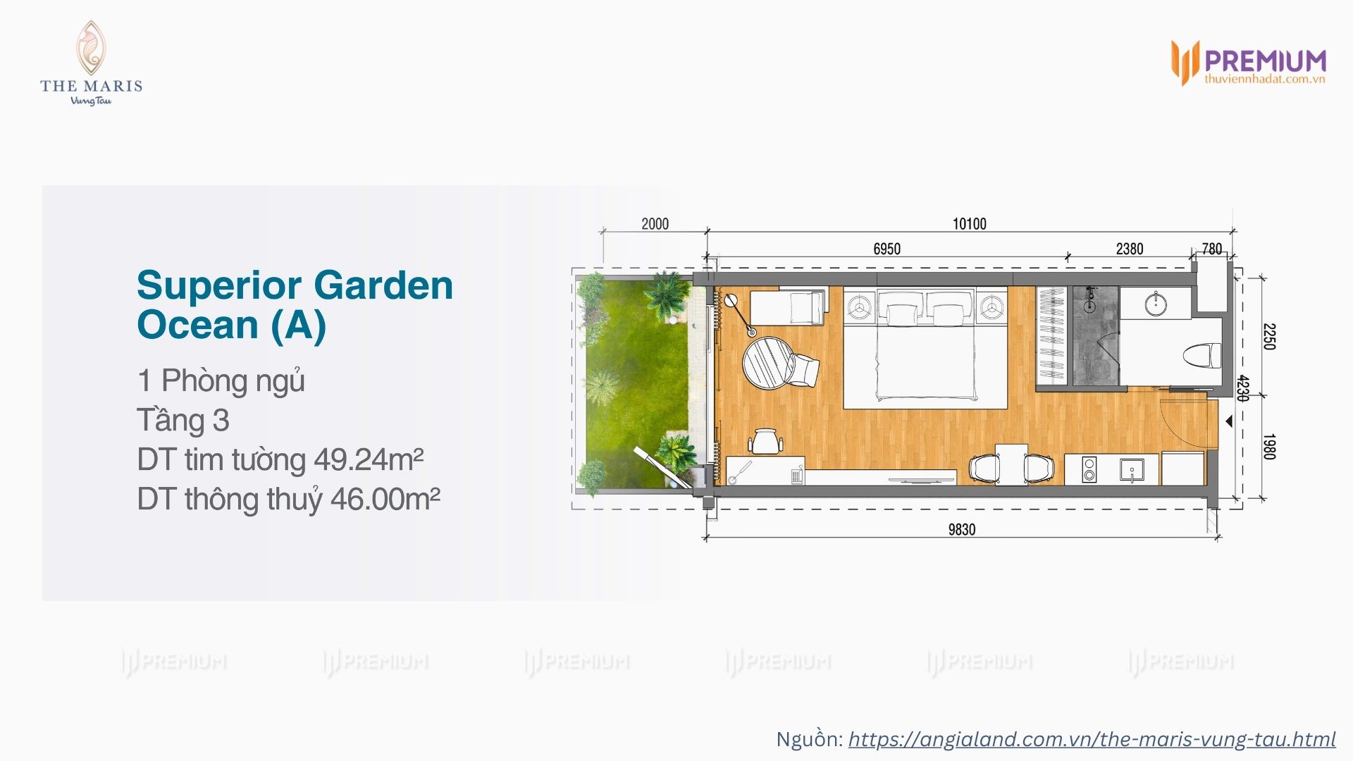 Mặt bằng căn hộ sân vườn 1 phòng ngủ dự án Vega Alaric, The Maris Vũng Tàu - Diện tích 49.24m2