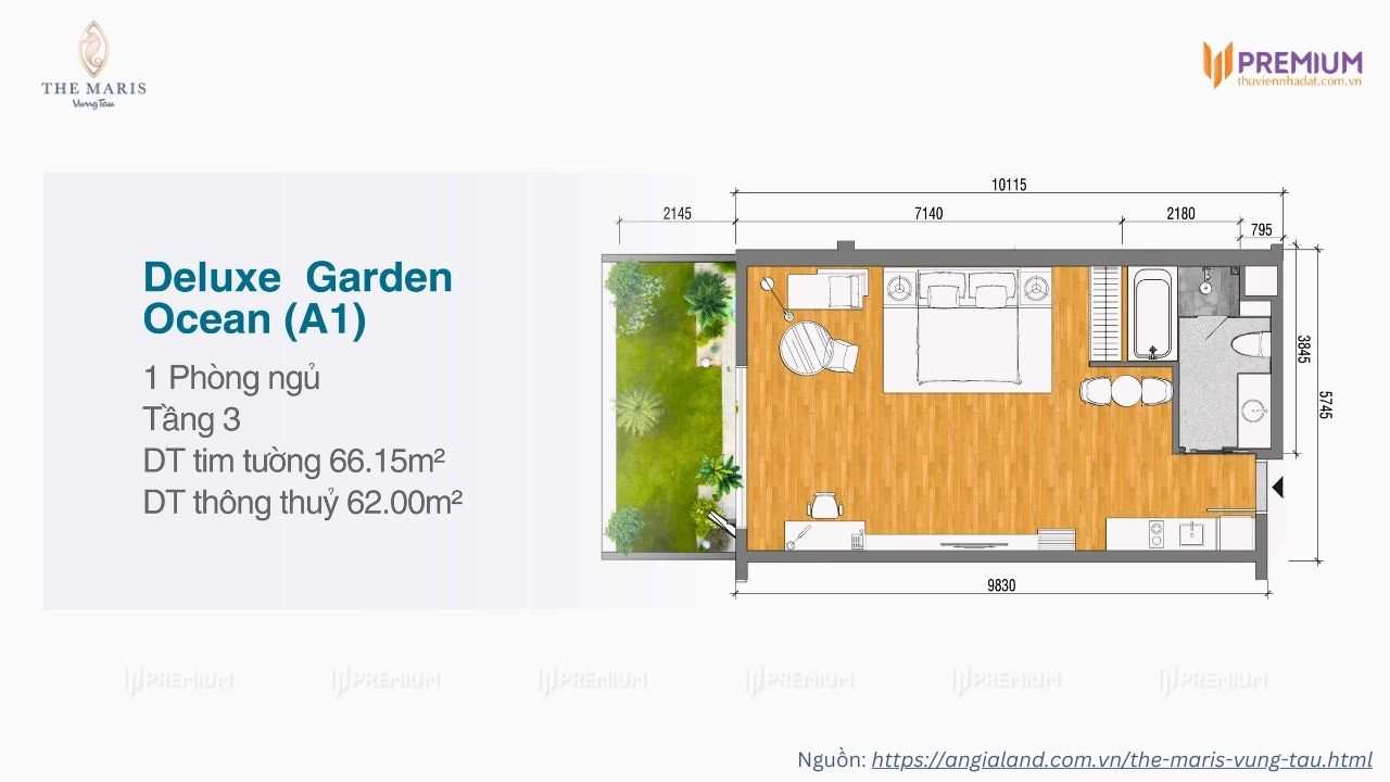 Mặt bằng căn hộ sân vườn 1 phòng ngủ dự án Vega Alaric, The Maris Vũng Tàu - Diện tích 66.15m2