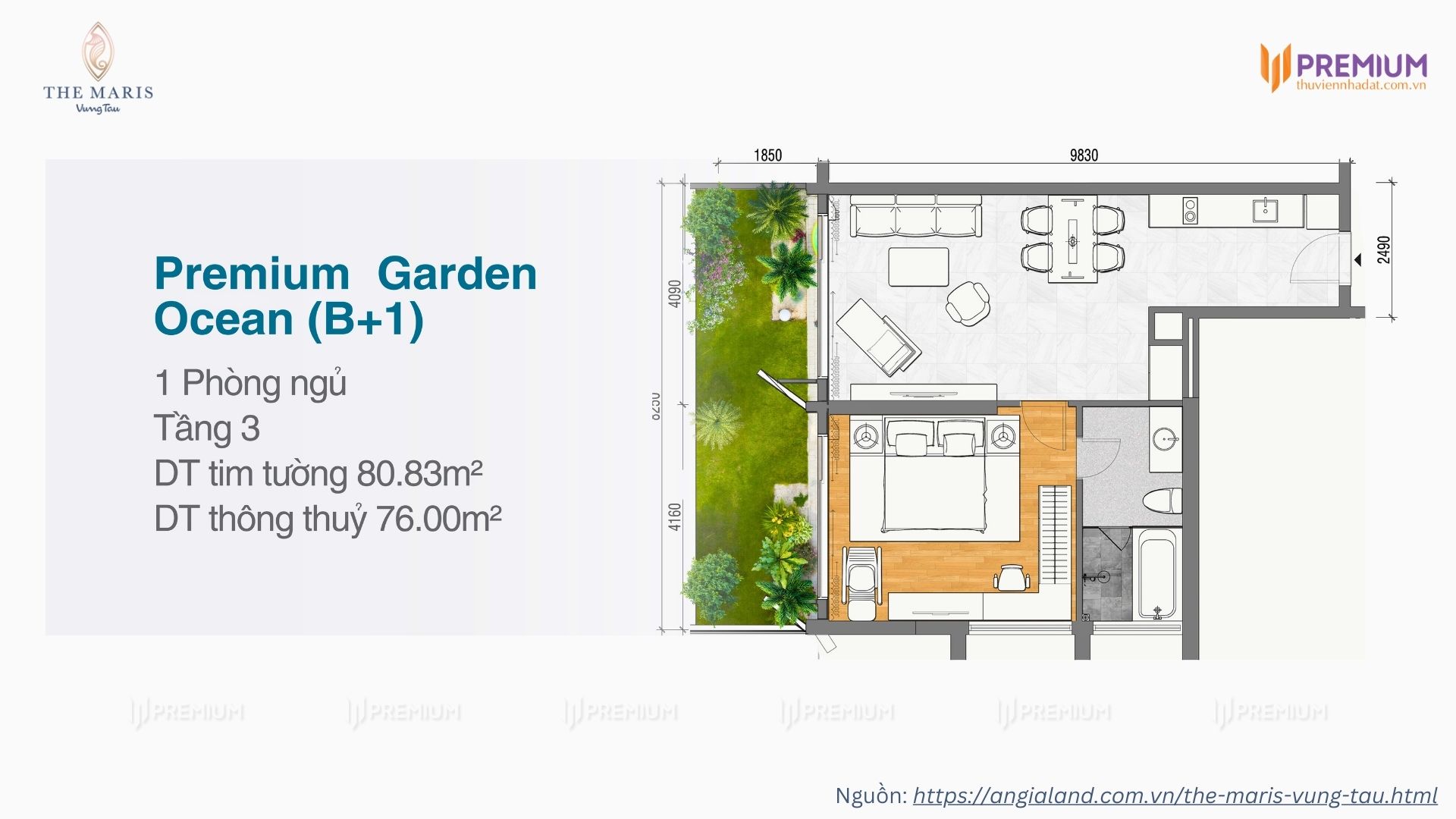 Mặt bằng căn hộ sân vườn 1 phòng ngủ dự án Vega Alaric, The Maris Vũng Tàu - Diện tích 80.83m2