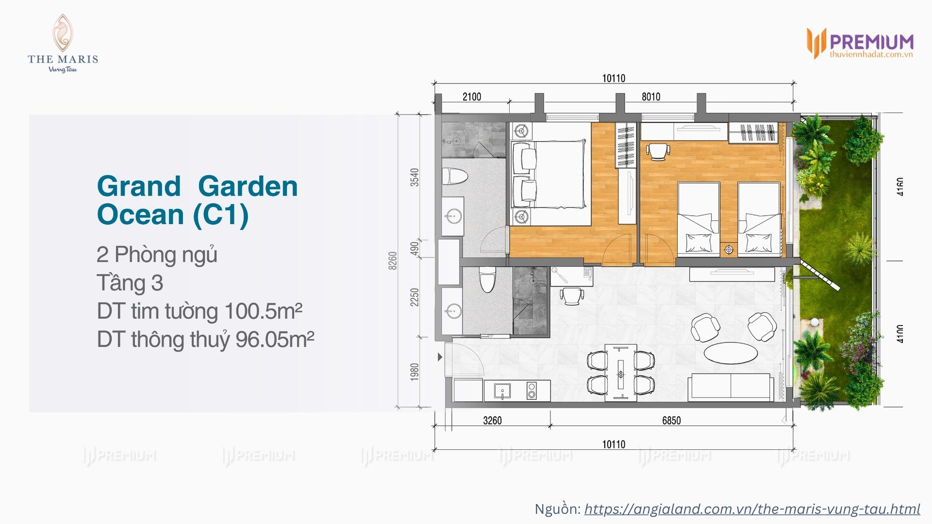 Mặt bằng căn hộ sân vườn 2 phòng ngủ dự án Vega Alaric, The Maris Vũng Tàu - Diện tích 100.5m2