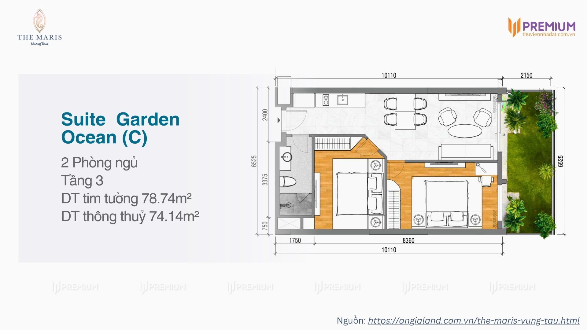 Mặt bằng căn hộ sân vườn 2 phòng ngủ dự án Vega Alaric, The Maris Vũng Tàu - Diện tích 78.74m2