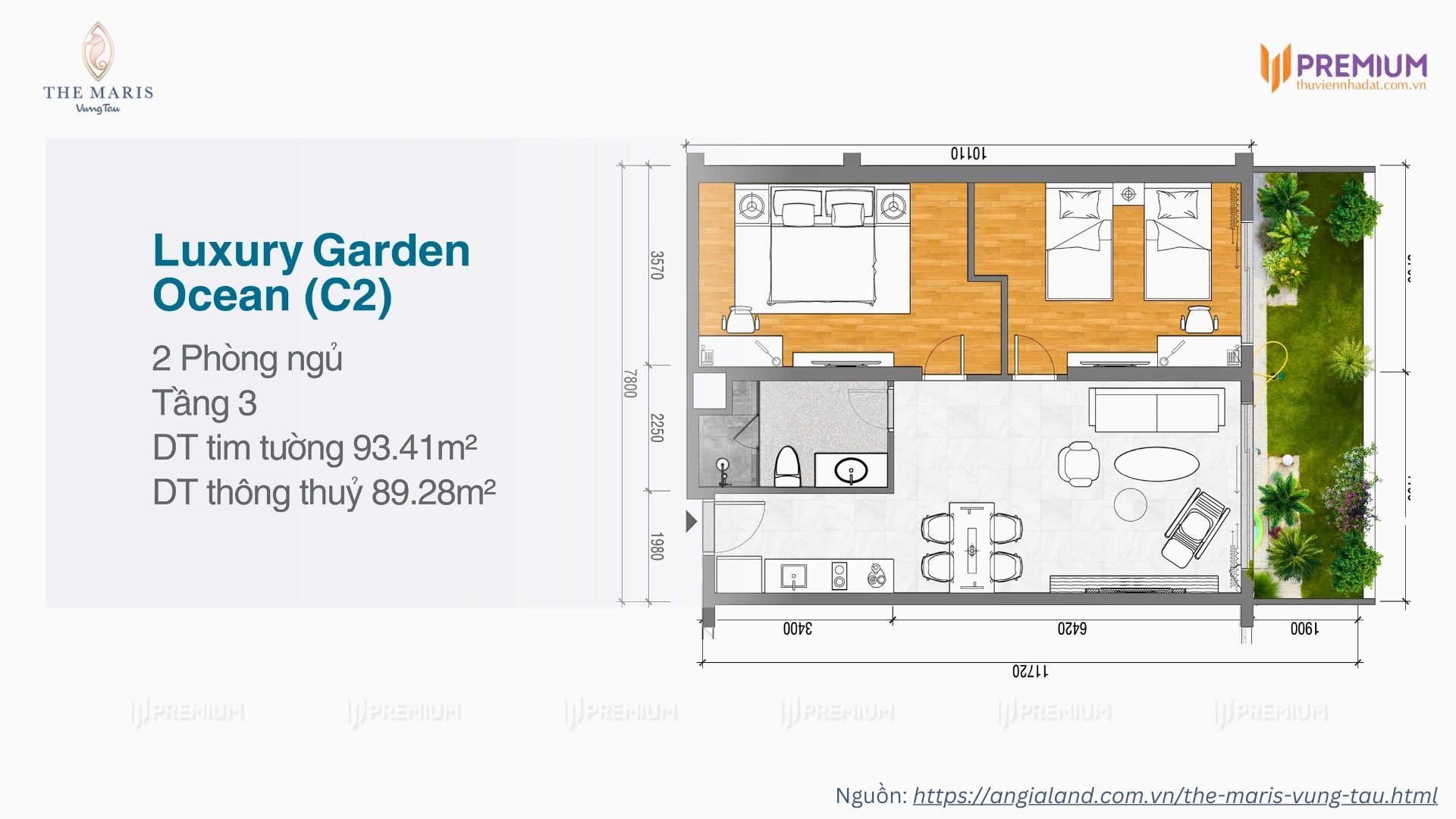Mặt bằng căn hộ sân vườn 2 phòng ngủ dự án Vega Alaric, The Maris Vũng Tàu - Diện tích 93.41m2