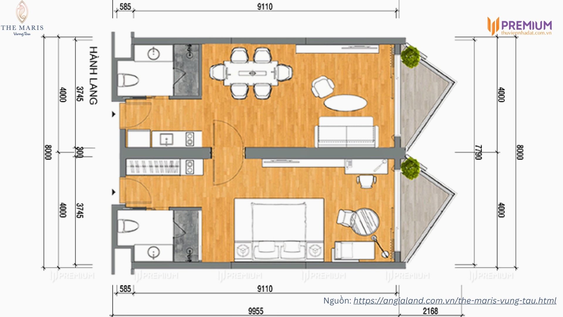 Mặt bằng căn hộ sân vườn Duo Smart 2 phòng ngủ dự án Vega Alaric, The Maris Vũng Tàu - Diện tích 89.08m2