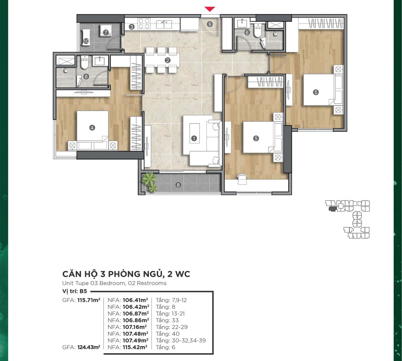 Thiết kế căn 3 phòng ngủ dự án căn hộ chung cư Emerald 68 Bình Dương