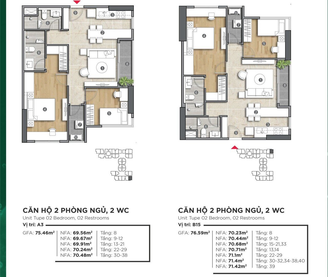 Thiết kế căn 2 phòng ngủ dự án căn hộ chung cư Emerald 68 Bình Dương