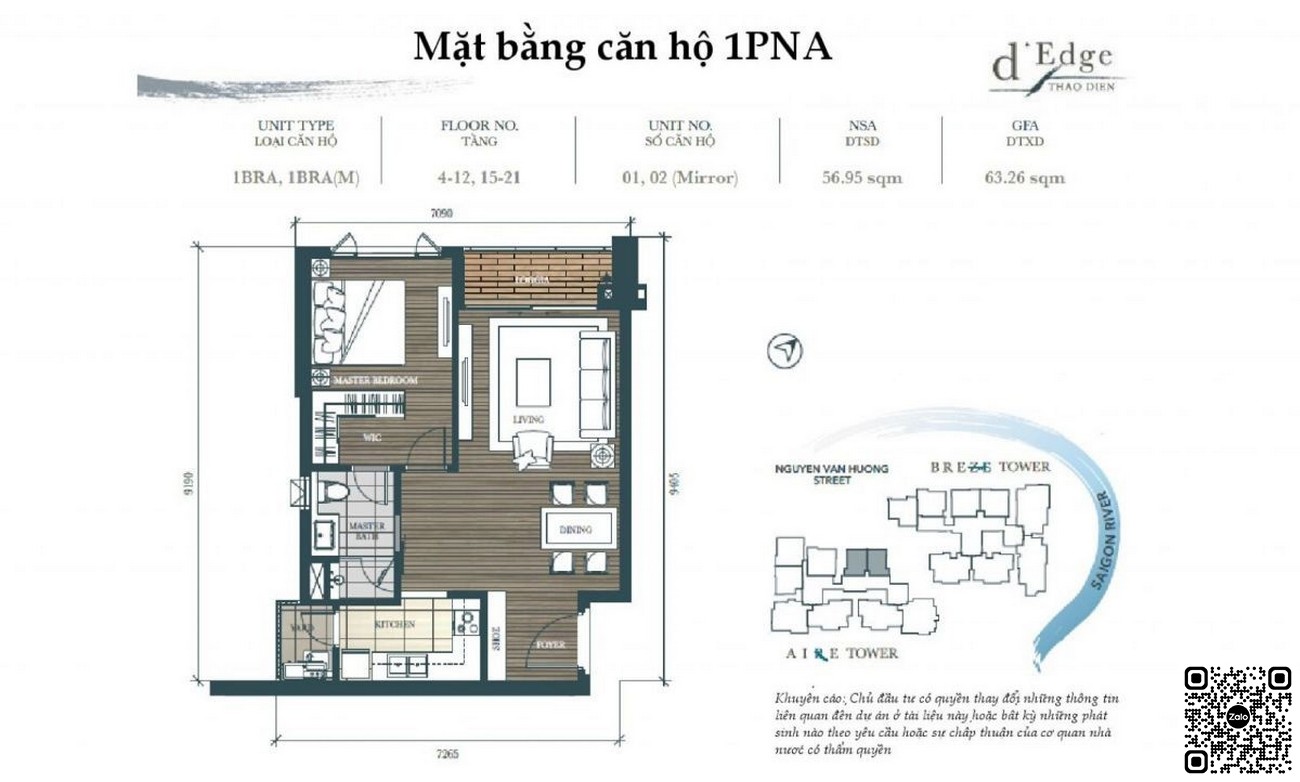 Thiết kế căn hộ 1PN A dự án D'edge Thảo Điền