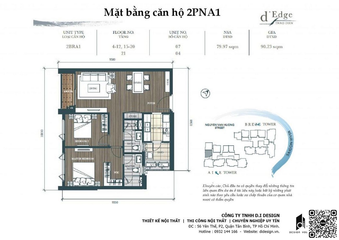 Thiết kế căn hộ 2PN A1 dự án D'edge Thảo Điền