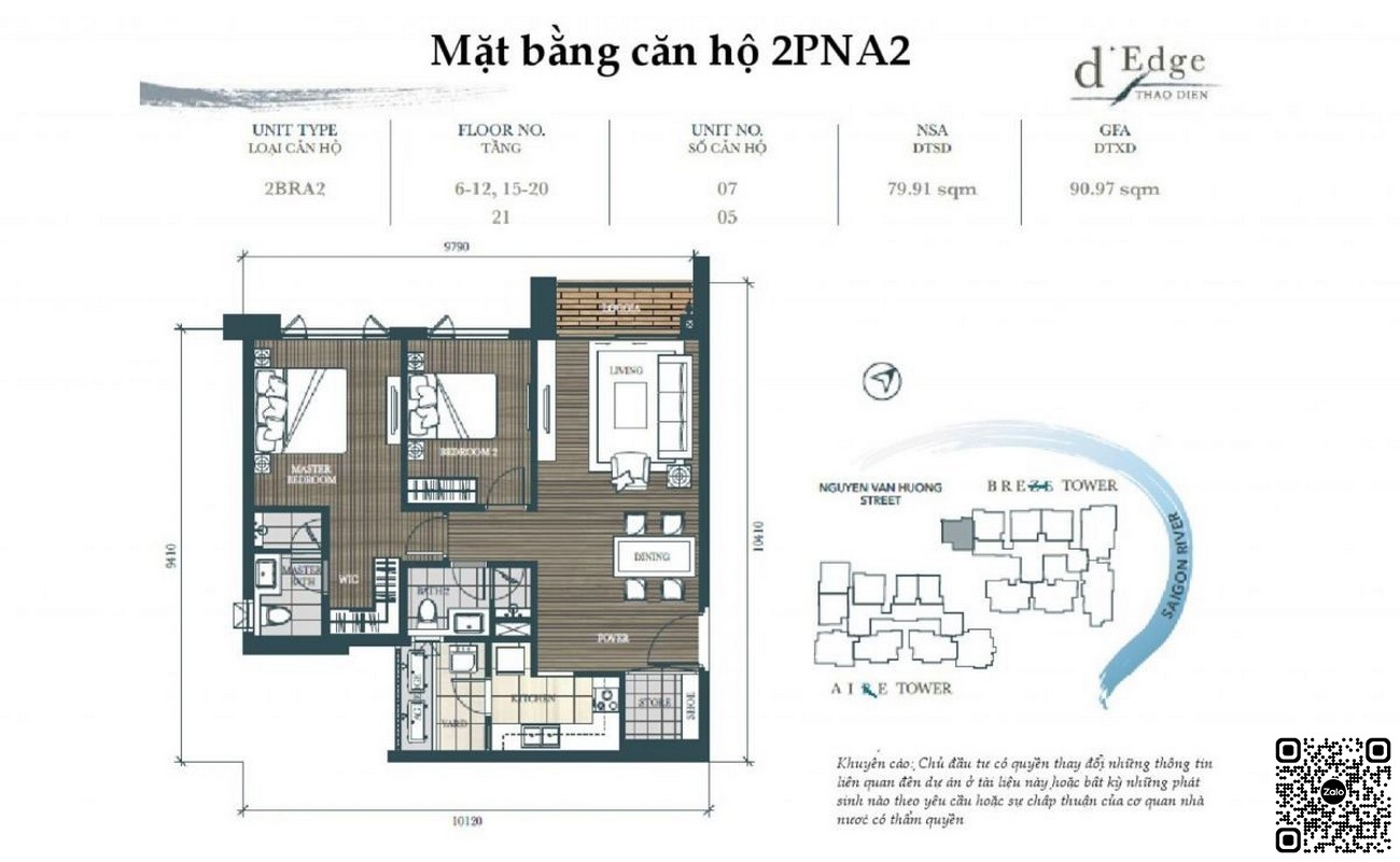 Thiết kế căn hộ 2PN A2 dự án D'edge Thảo Điền
