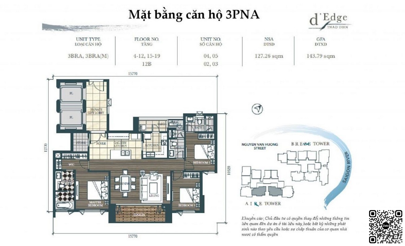 Thiết kế căn hộ 3PN A dự án D'edge Thảo Điền