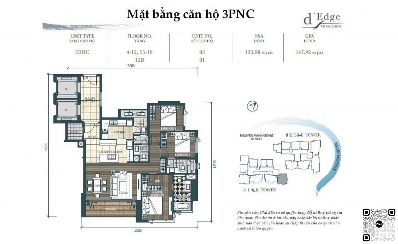 Thiết kế căn hộ 3PN C dự án D'edge Thảo Điền