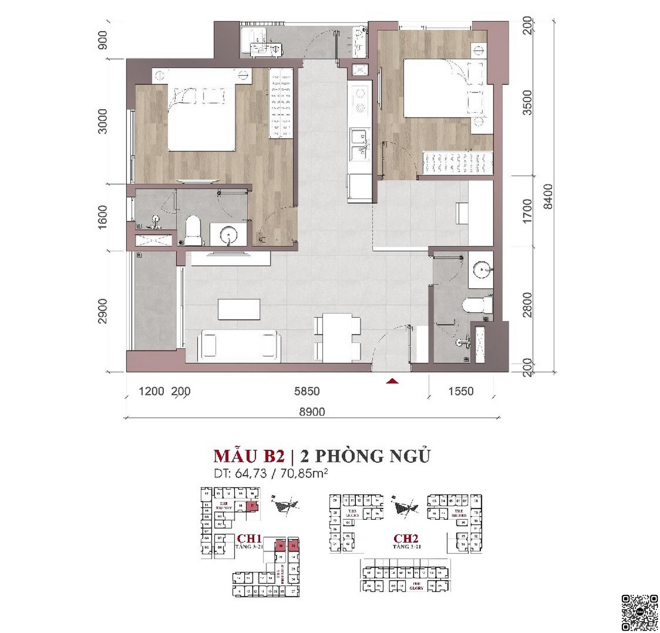 Thiết kế chi tiết căn hộ 2PN mẫu B2 dự án 9X Quy Nhơn