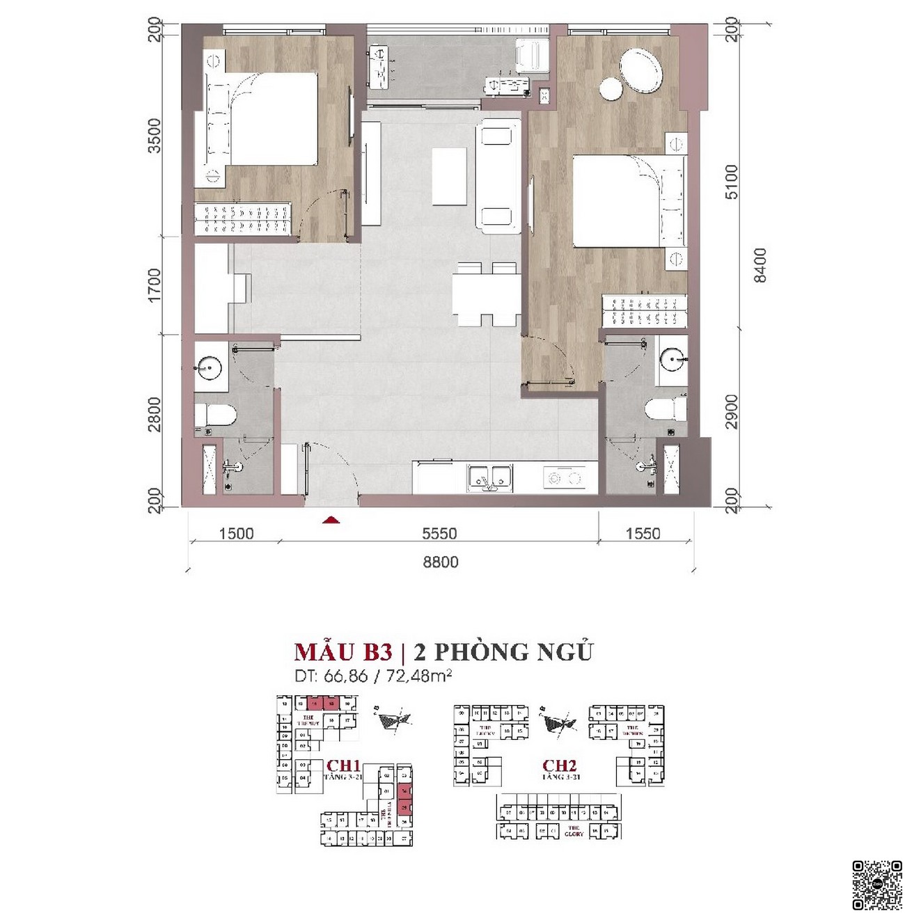 Thiết kế chi tiết căn hộ 2PN mẫu B3 dự án 9X Quy Nhơn