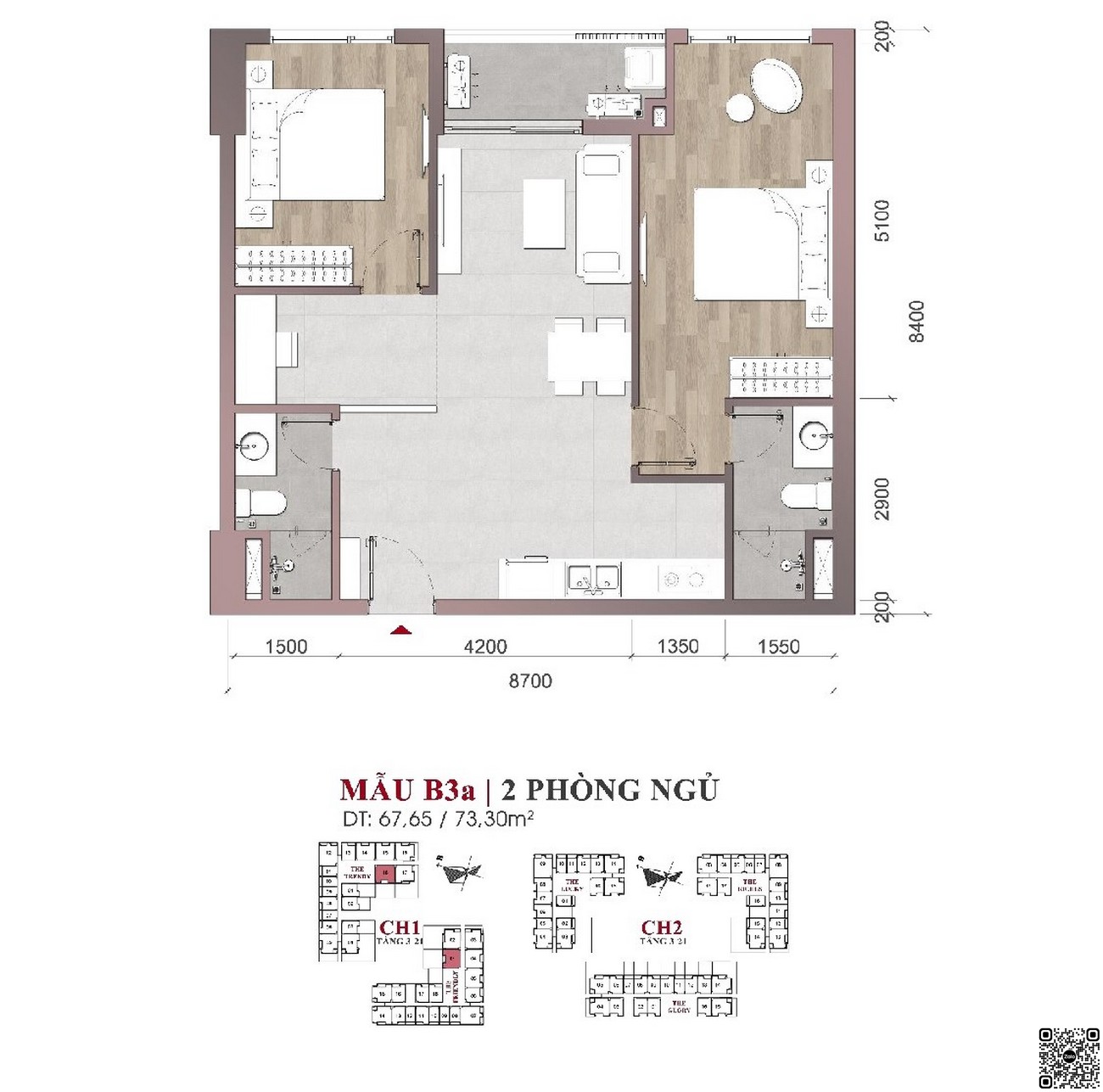 Thiết kế chi tiết căn hộ 2PN mẫu B3a dự án 9X Quy Nhơn