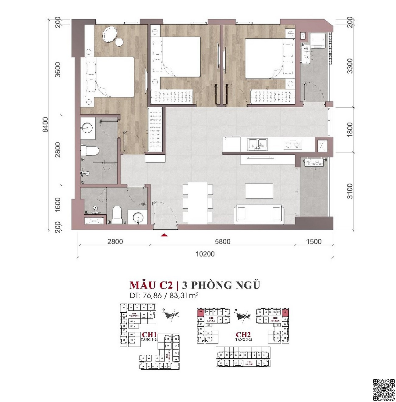 Thiết kế chi tiết căn hộ 3PN mẫu C2 dự án 9X Quy Nhơn