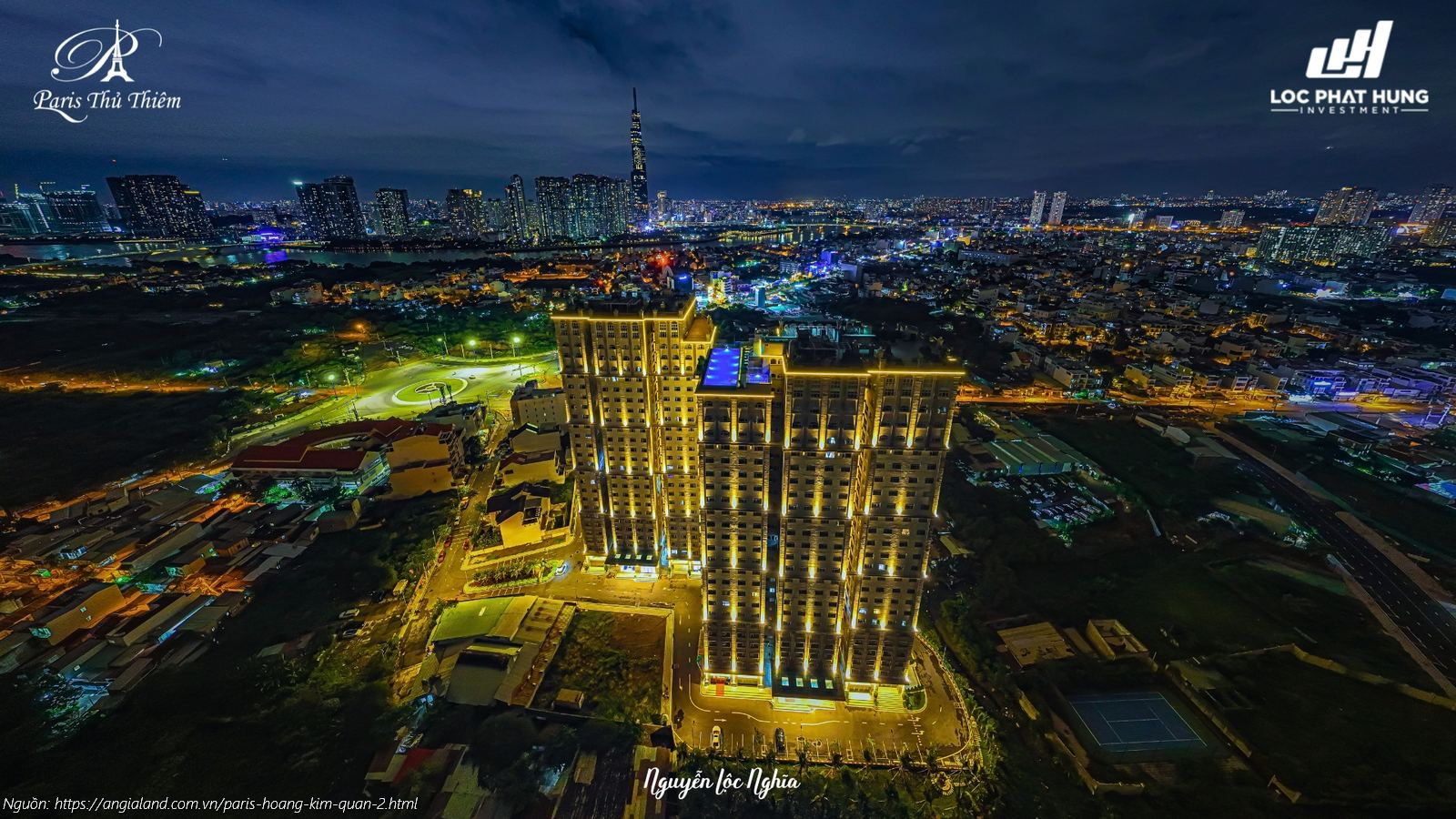 Toàn cảnh dự án The Paris Hoàng Kim Quận 2 hướng về khu đô thị Bình Khánh Hình ảnh thực tế ban đêm dự án căn hộ Paris Hoàng Kim Quận 2