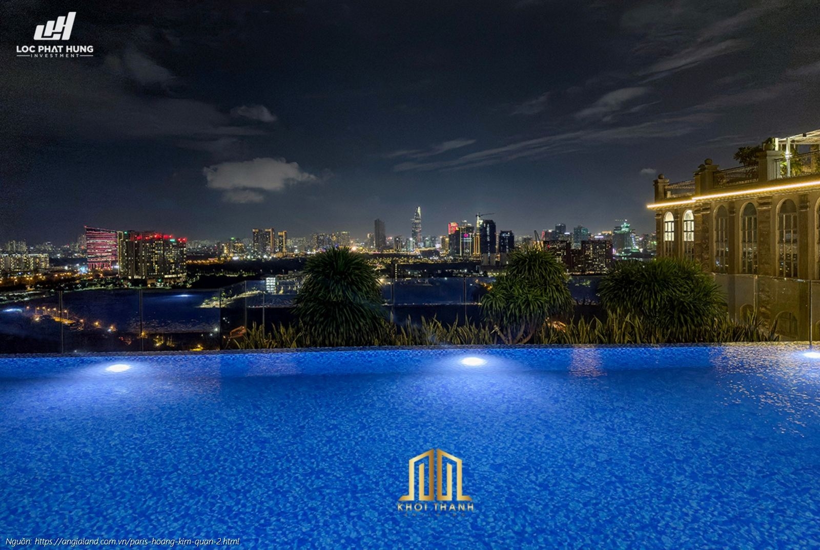 Hồ bơi lung linh về đêm tại chung cư cao cấp Paris Hoàng Kim Quận 2
