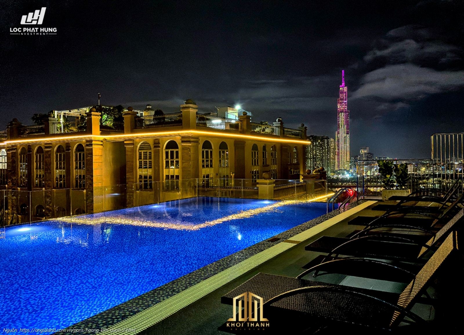 Hồ bơi lung linh về đêm tại chung cư cao cấp Paris Hoàng Kim Quận 2
