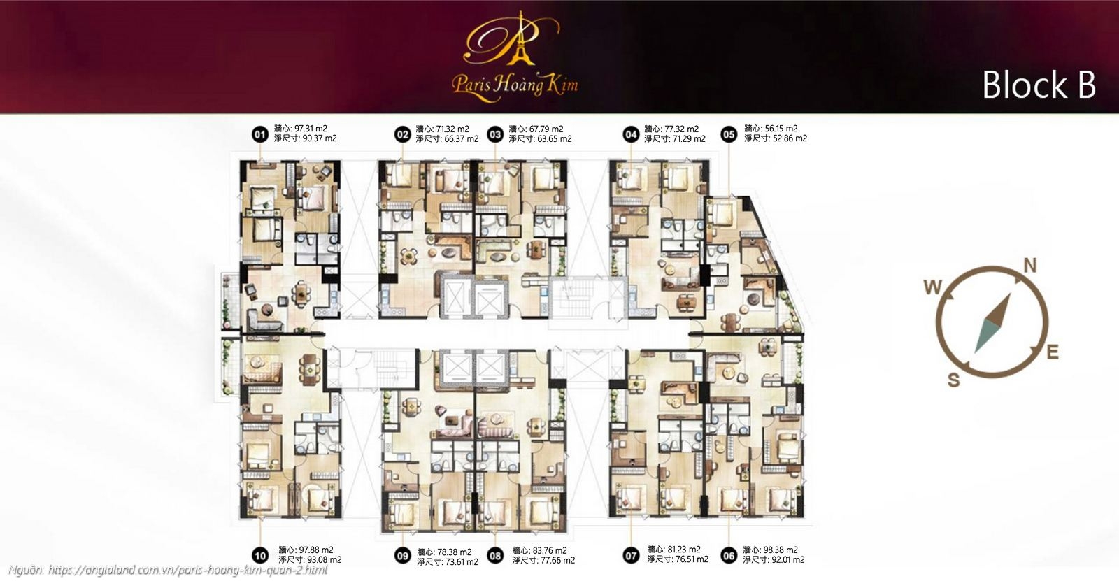 Mặt bằng chi tiết Block B dự án căn hộ chung cư Paris Hoàng Kim, Quận 2