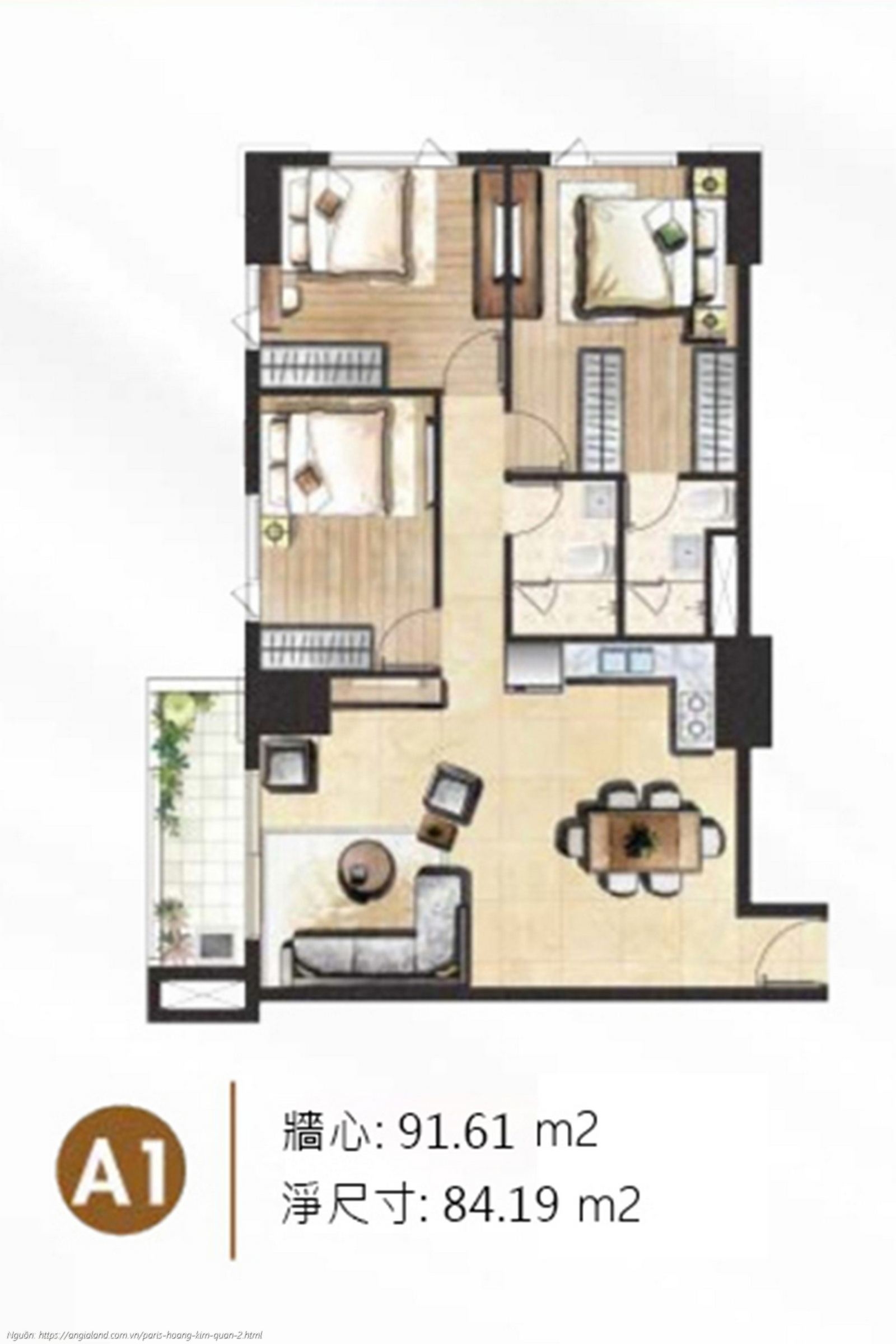 Thiết kế chi tiết layout căn hộ A1 diện tích 91.61 m² dự án Paris Hoàng Kim Quận 2