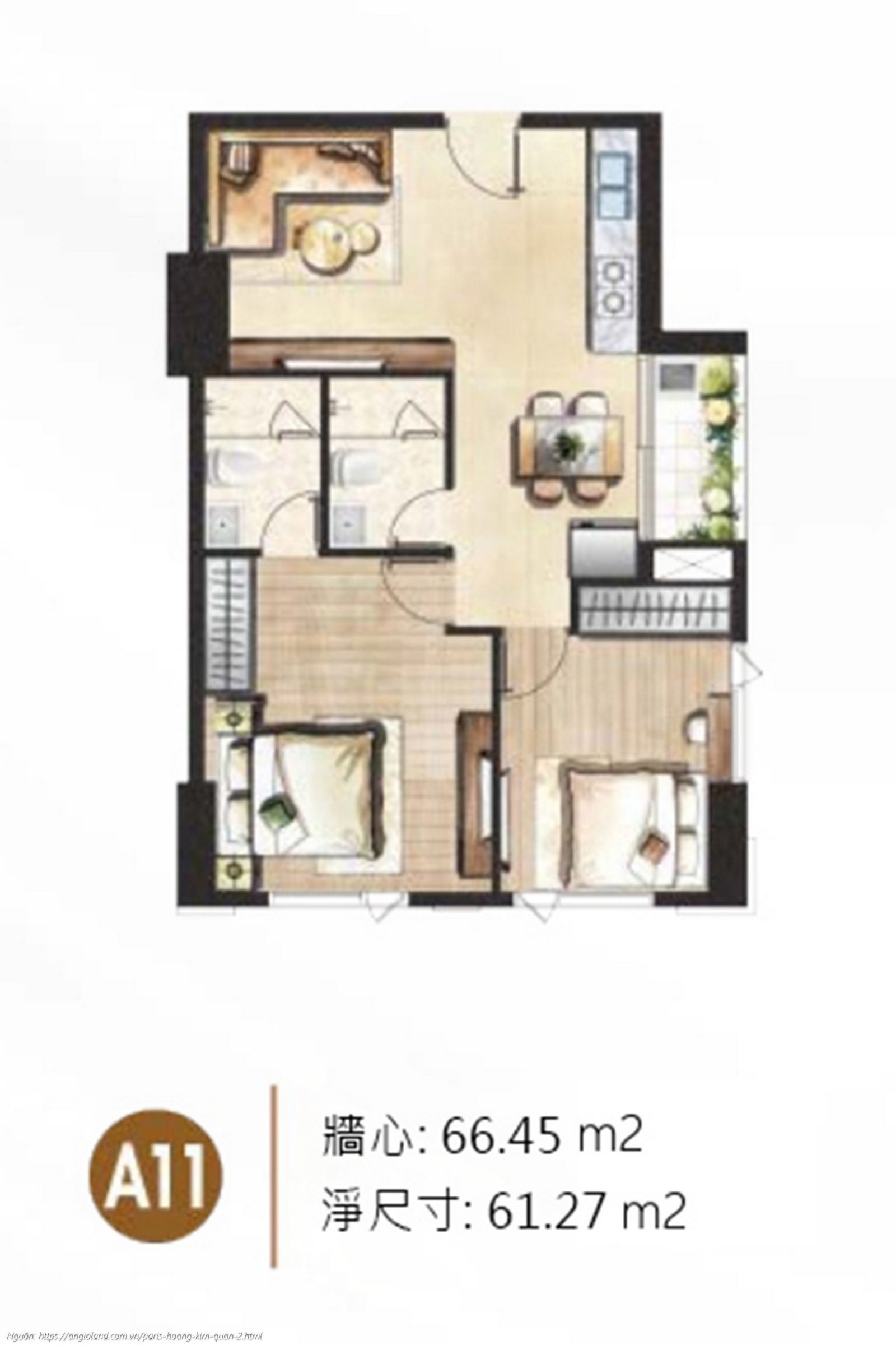 Thiết kế chi tiết layout căn hộ A11 diện tích 66.45 m² dự án Paris Hoàng Kim Quận 2