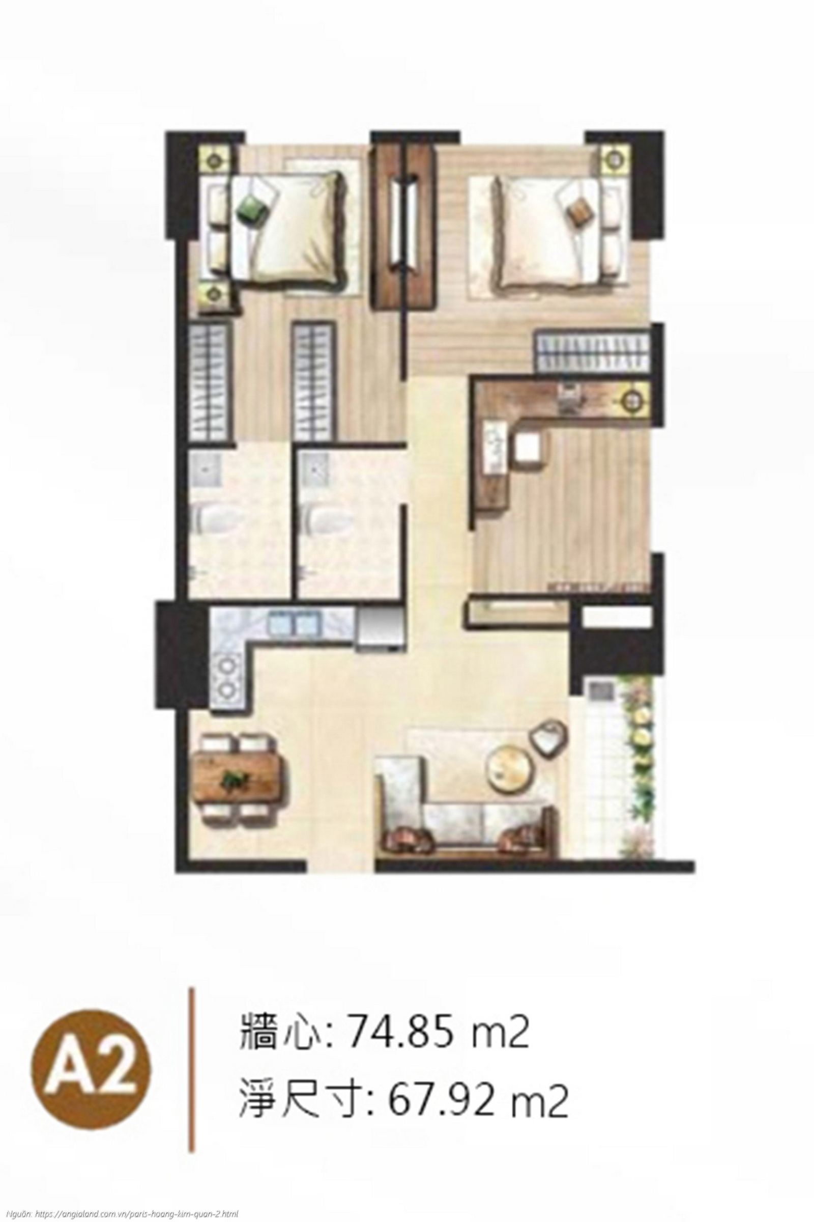 Thiết kế chi tiết layout căn hộ A2 diện tích 74.85 m² dự án Paris Hoàng Kim Quận 2