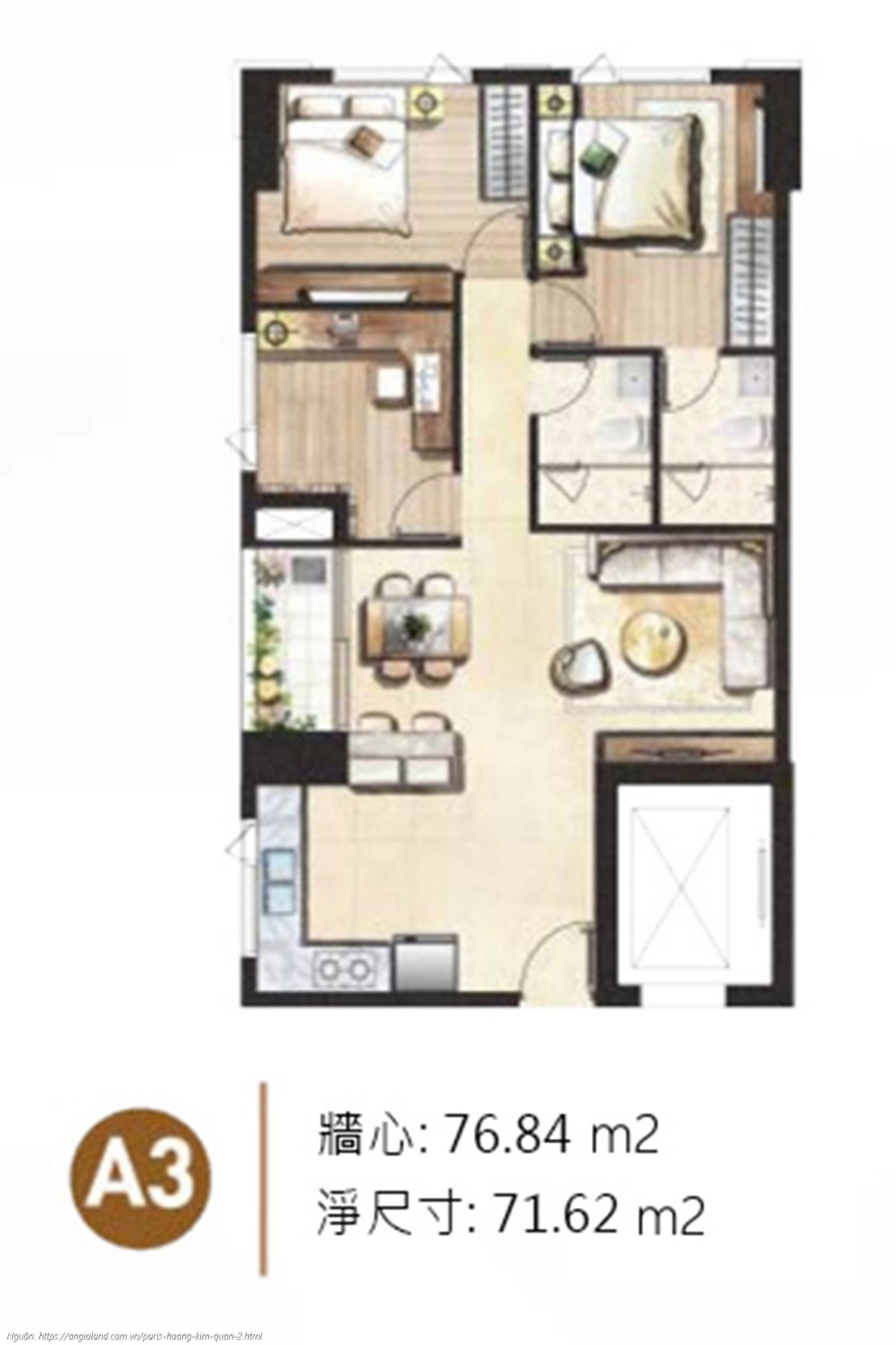 Thiết kế chi tiết layout căn hộ A3 diện tích 76.84 m² dự án Paris Hoàng Kim Quận 2