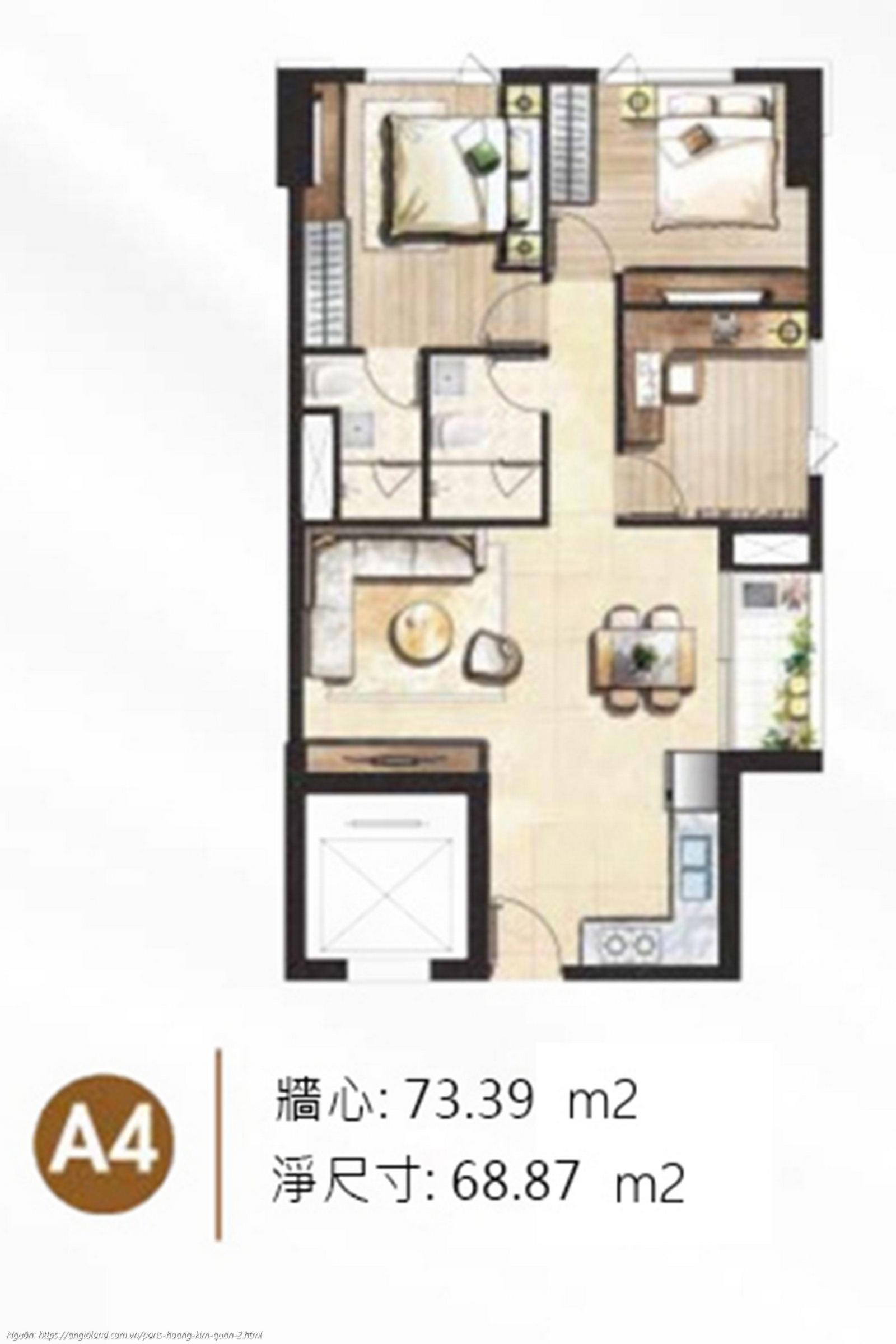 Thiết kế chi tiết layout căn hộ A4 diện tích 73.39 m² dự án Paris Hoàng Kim Quận 2