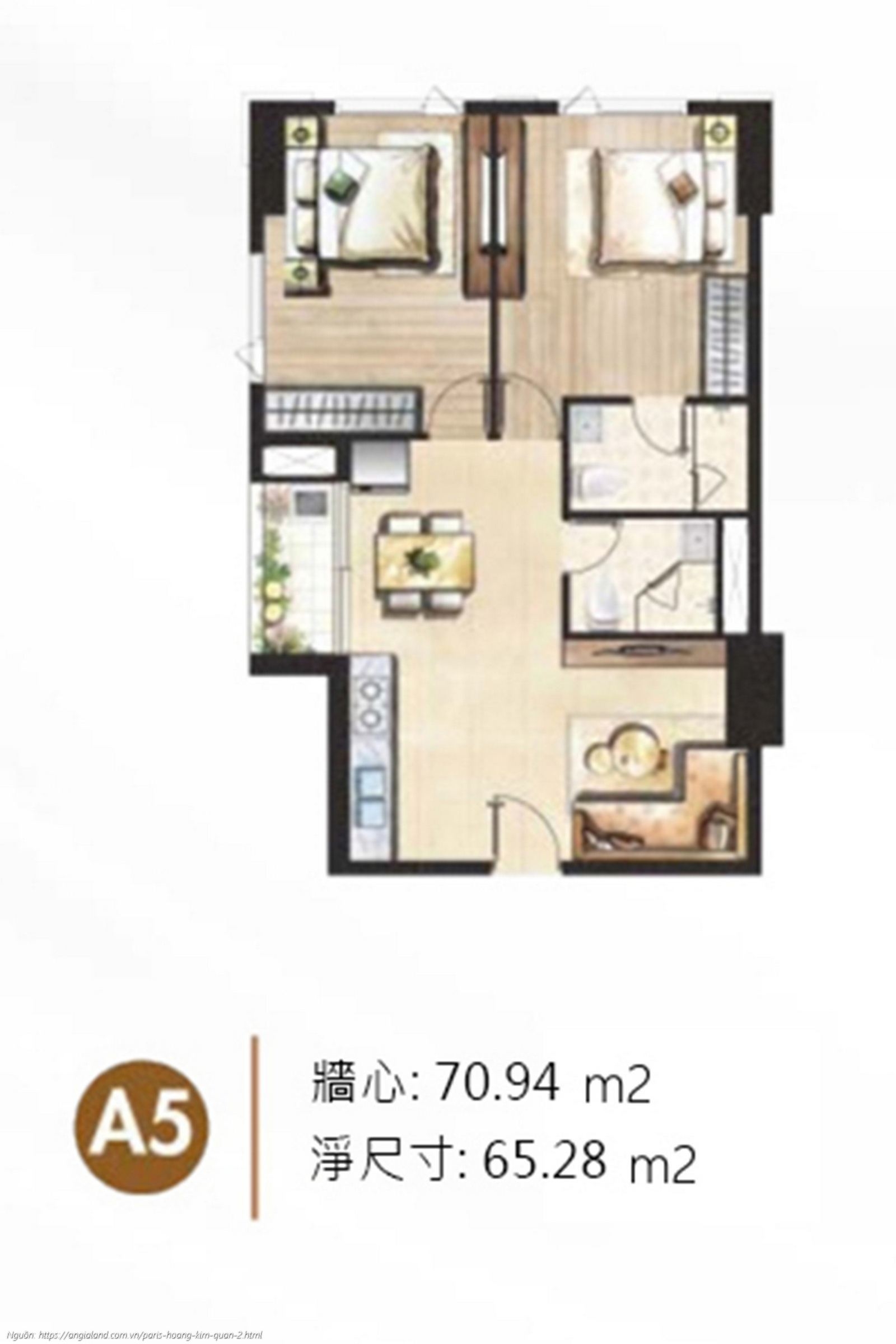 Thiết kế chi tiết layout căn hộ A5 diện tích 70.94 m² dự án Paris Hoàng Kim Quận 2