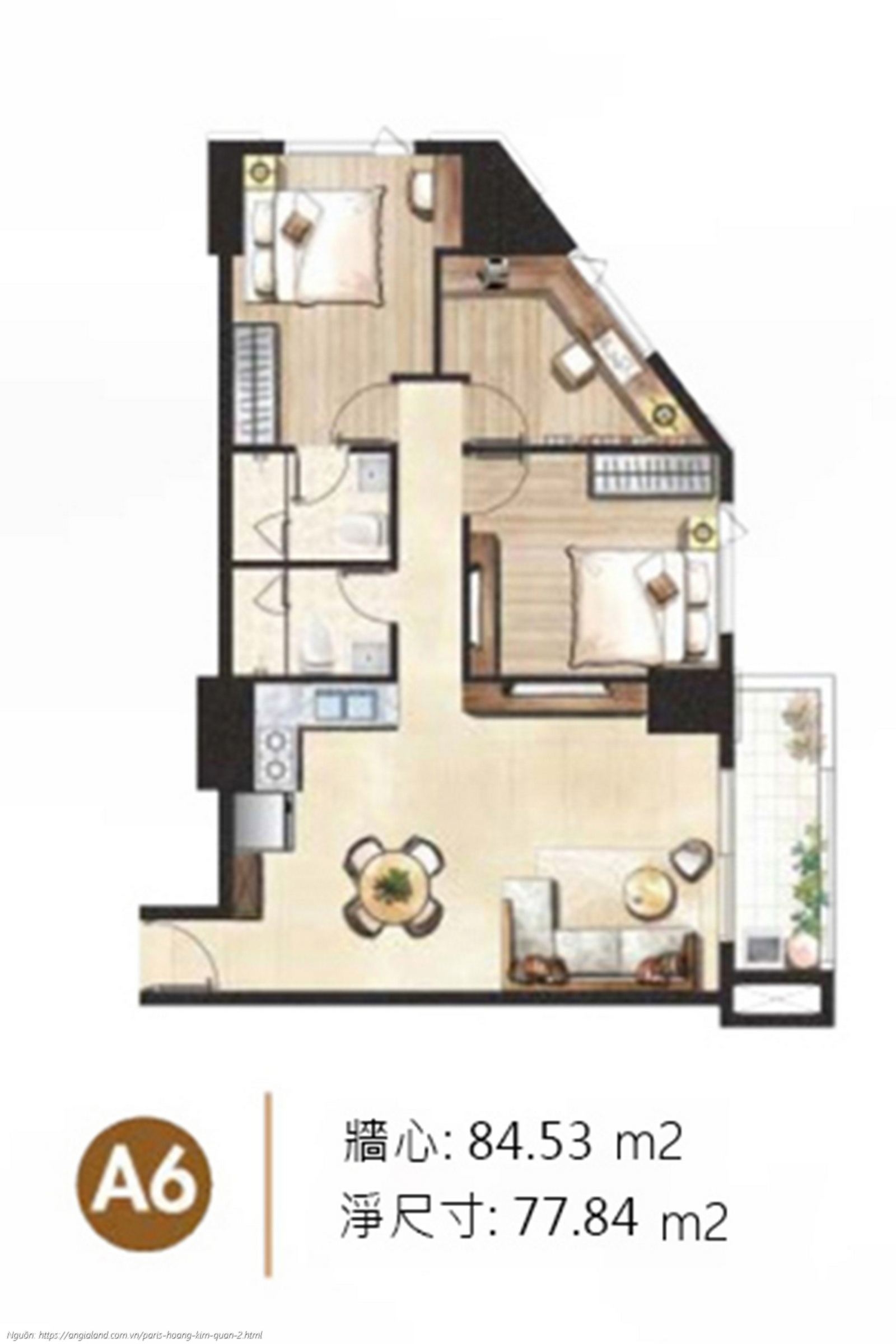 Thiết kế chi tiết layout căn hộ A6 diện tích 84.53 m² dự án Paris Hoàng Kim Quận 2