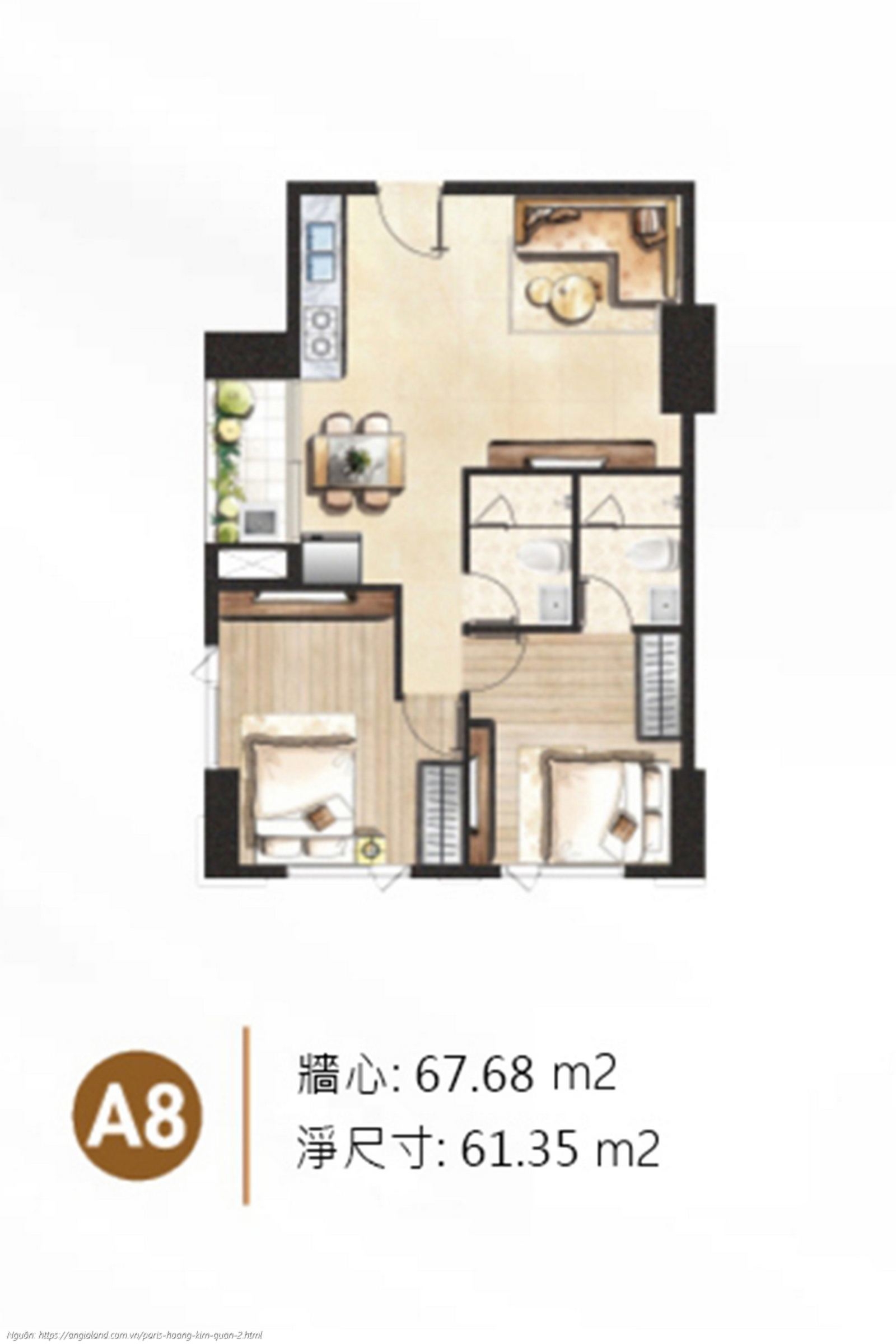 Thiết kế chi tiết layout căn hộ A8 diện tích 67.68 m² dự án Paris Hoàng Kim Quận 2