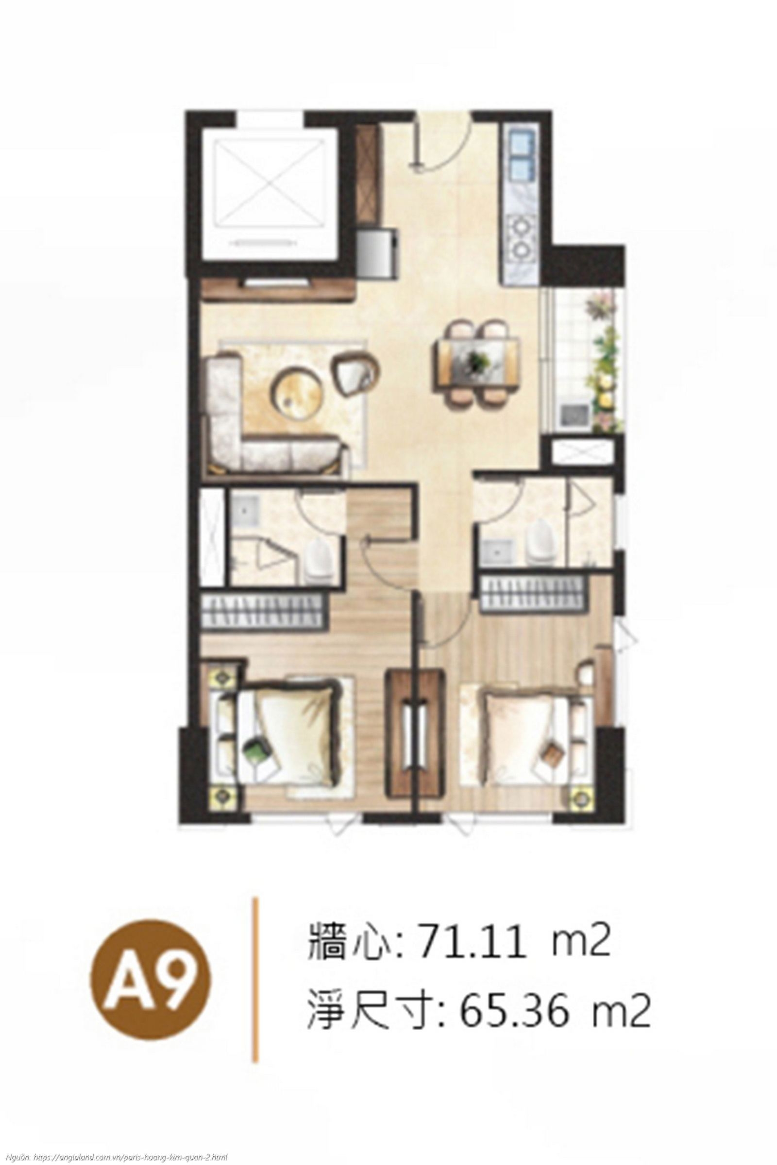 Thiết kế chi tiết layout căn hộ A9 diện tích 71.11 m² dự án Paris Hoàng Kim Quận 2