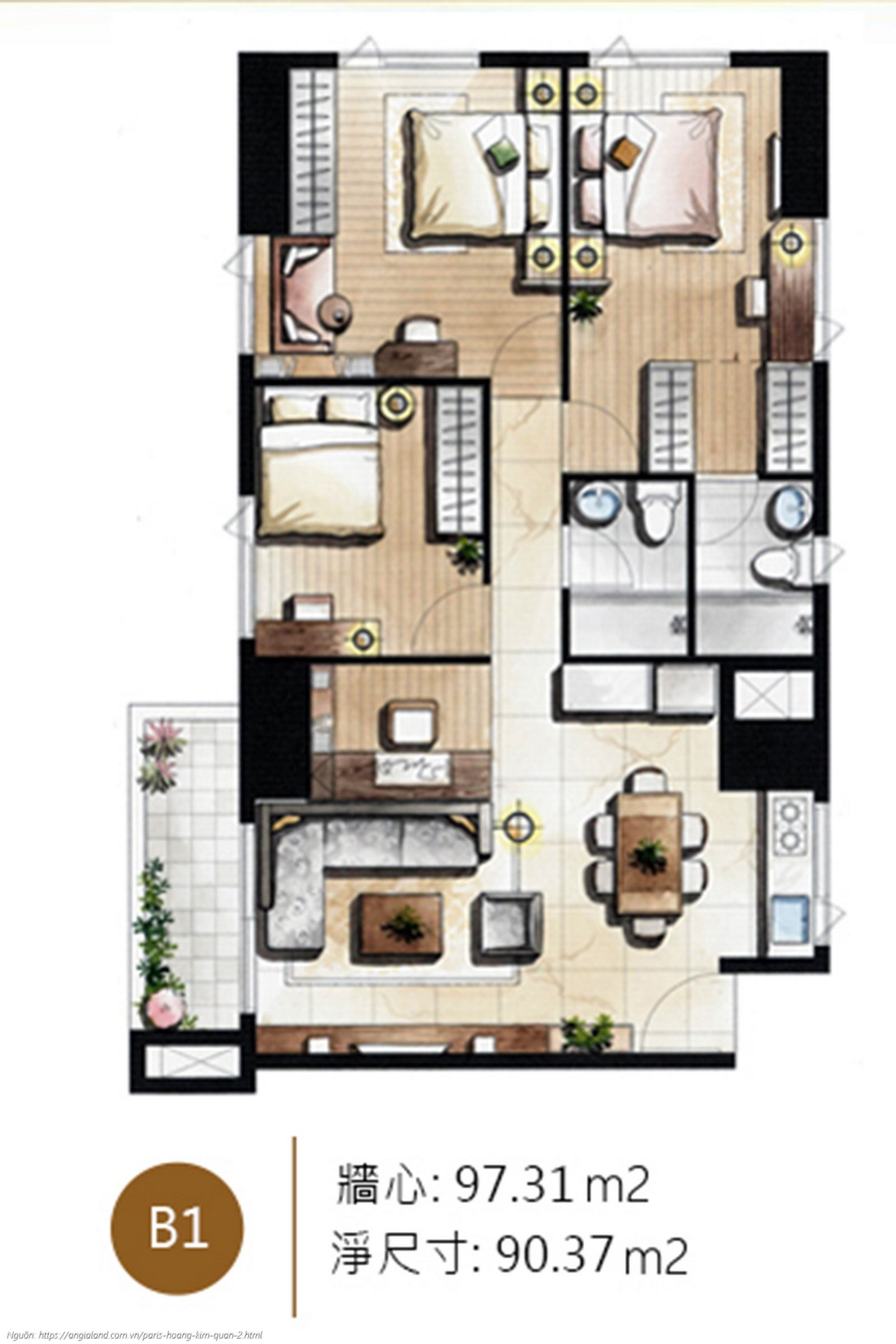 Thiết kế chi tiết layout căn hộ B1 diện tích 97.31 m² dự án Paris Hoàng Kim Quận 2