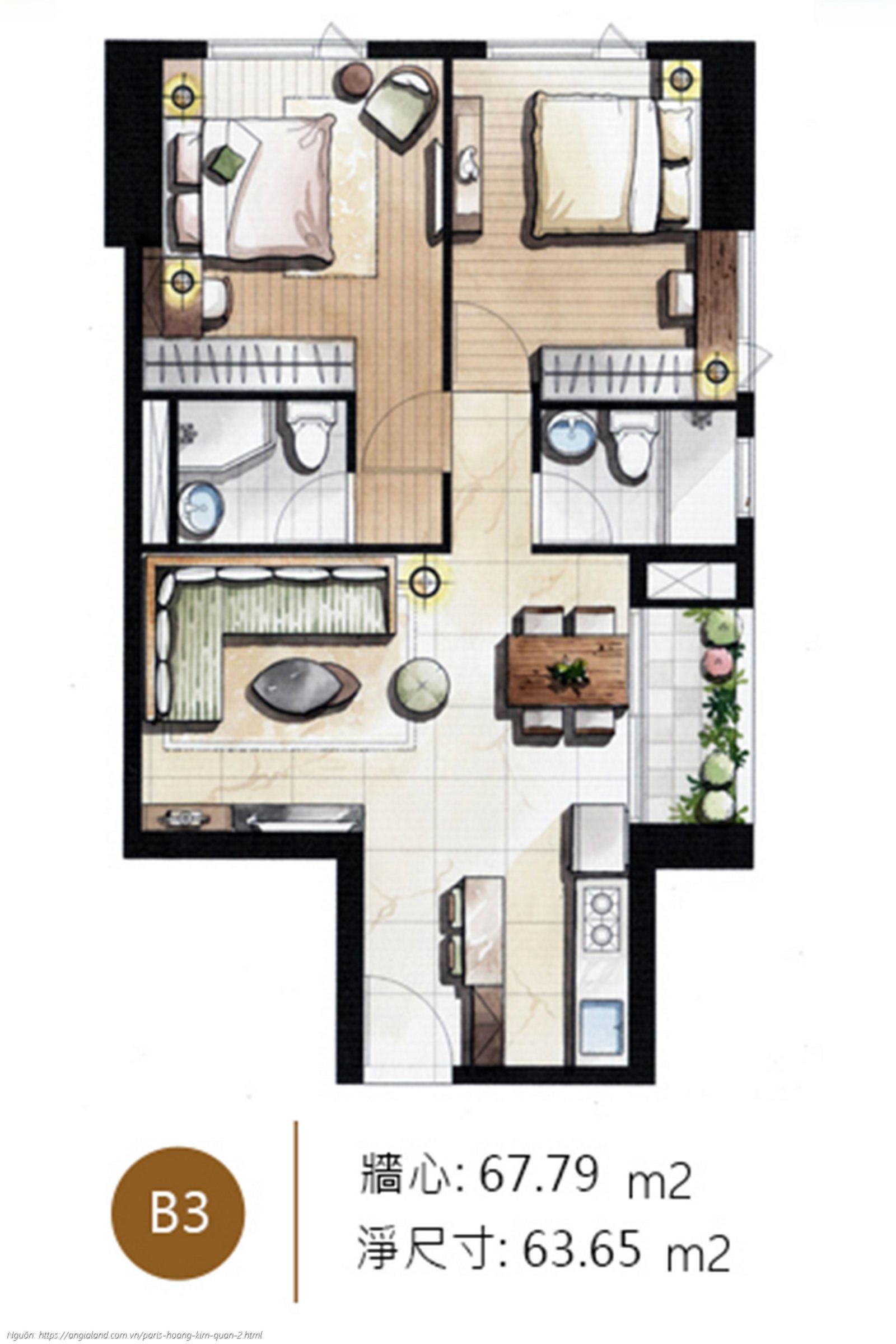 Thiết kế chi tiết layout căn hộ B3 diện tích 67.79 m² dự án Paris Hoàng Kim Quận 2