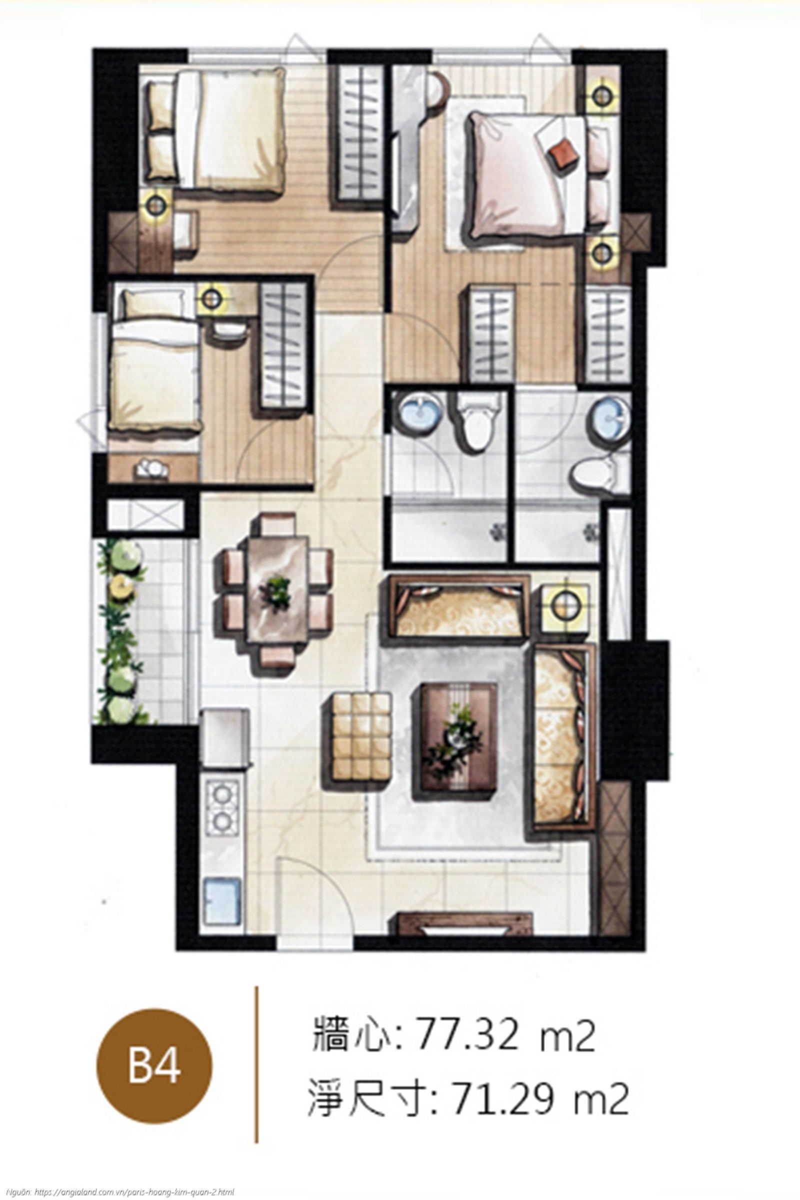 Thiết kế chi tiết layout căn hộ B4 diện tích 77.32 m² dự án Paris Hoàng Kim Quận 2