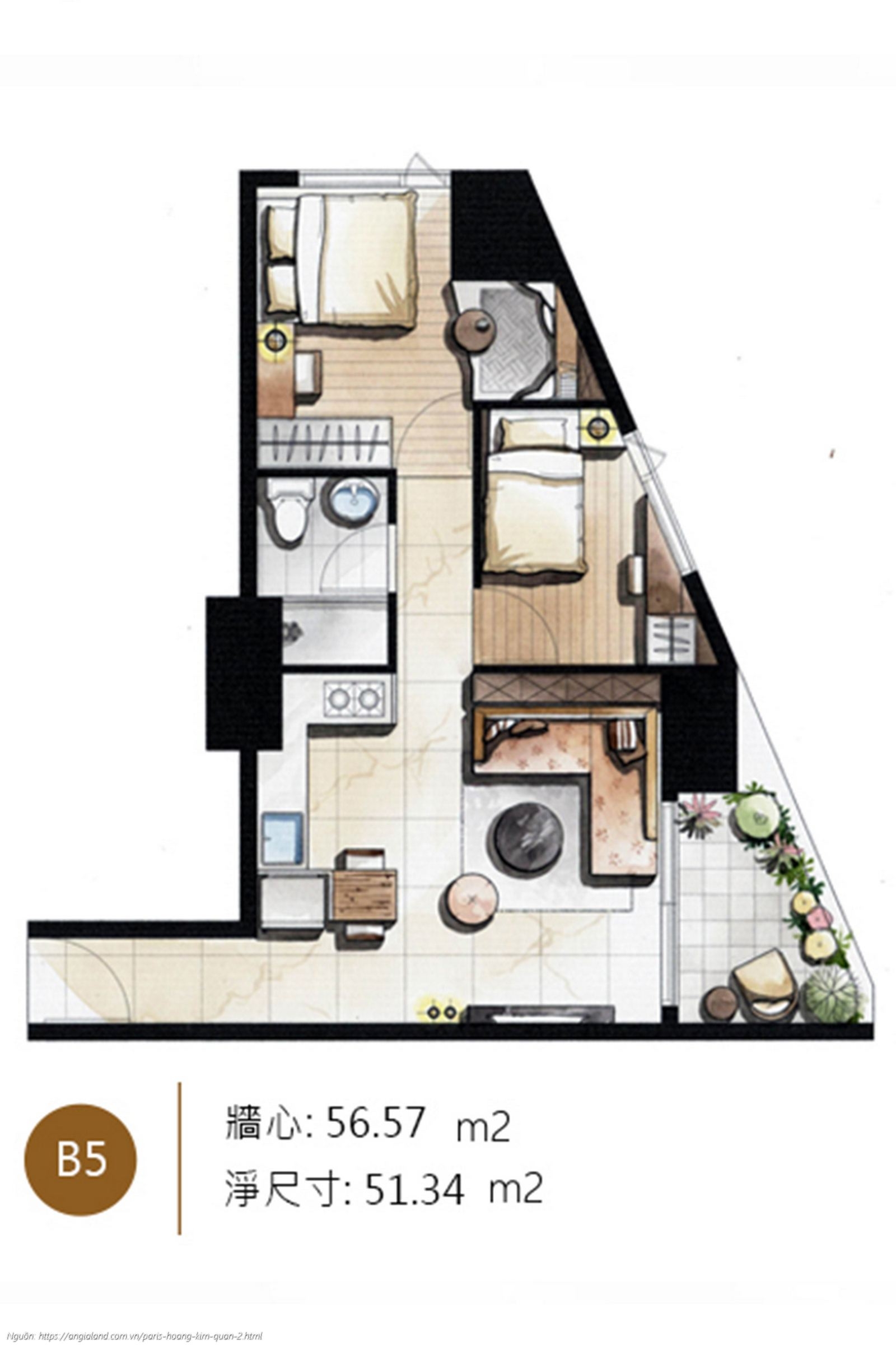Thiết kế chi tiết layout căn hộ B5 diện tích 56.57 m² dự án Paris Hoàng Kim Quận 2